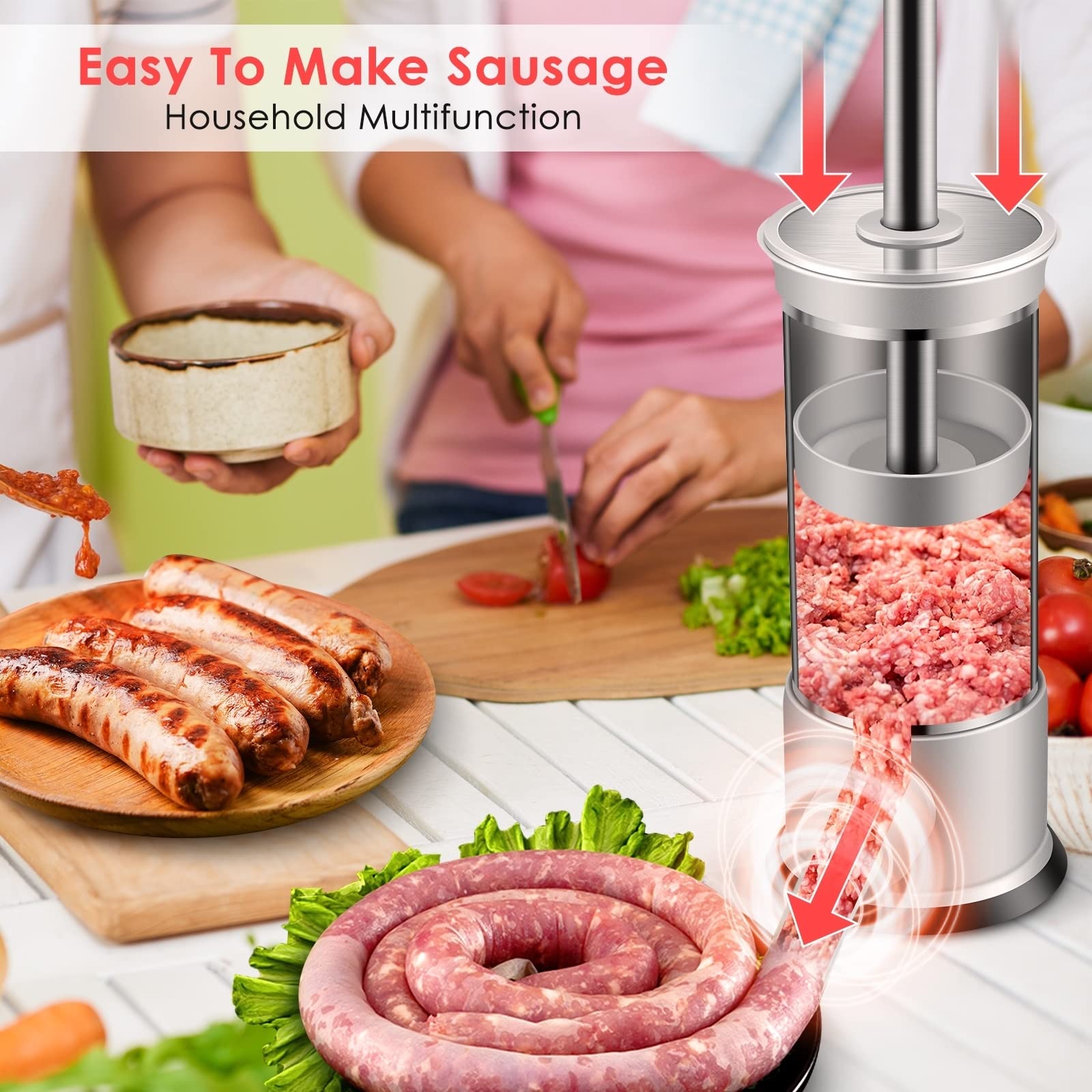 Stainless Steel Vertical Sausage Stuffer & Sausage Maker with 4 Stuffing Tubes - 2.2LB Manual Sausage Stuffer Machine for Home Kitchen, Butcher Shop & Sausage Making Enthusiasts