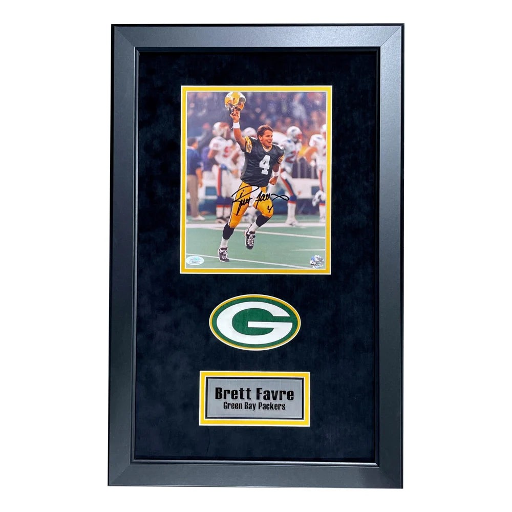 Brett Favre Autographed Green Bay Packers 8x10 Photo Collage - Framed Memorabilia with JSA COA - Perfect for Sports Fans, Man Cave Decor, and NFL Collectors