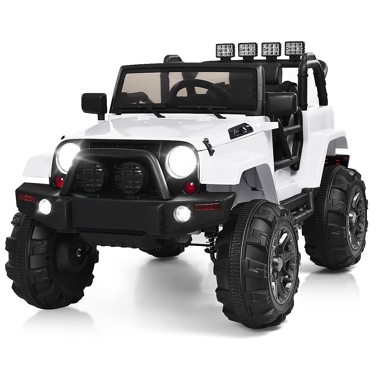 Costzon 12V Electric Ride On Truck for Kids - Battery Powered, Parental Remote Control, LED Lights, Double Doors, Safety Belt, Music & MP3 Player - Spring Suspension, White - Perfect for Indoor & Outdoor Play, Birthday Gifts, Backyard Fun