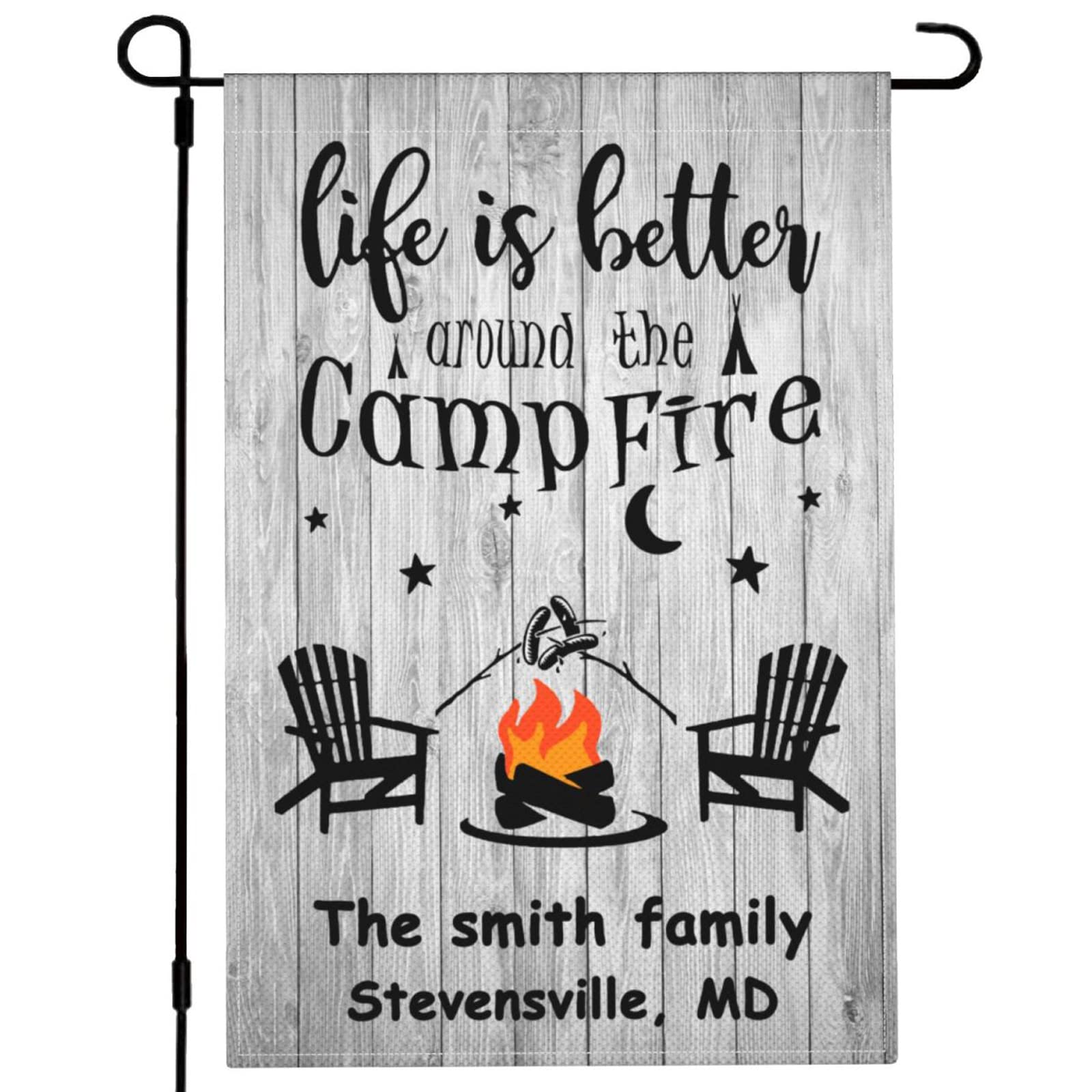 Custom Personalized Camping Flag for RV & Campsite - 12x18 Inch Double-Sided Outdoor Decorative Flag with Last Name & Address - Black Text - Perfect for Campfire Gatherings, Tailgating & Outdoor Adventures