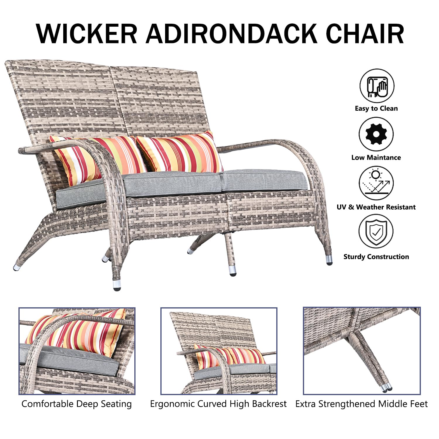 Outdoor Patio Wicker Loveseat Bench - Grey Rattan Double Adirondack Chairs with Ottoman Cushion, Comfortable Deep Seating High Back Fire Pit Chairs for Balcony, Garden, Backyard & Poolside Relaxation