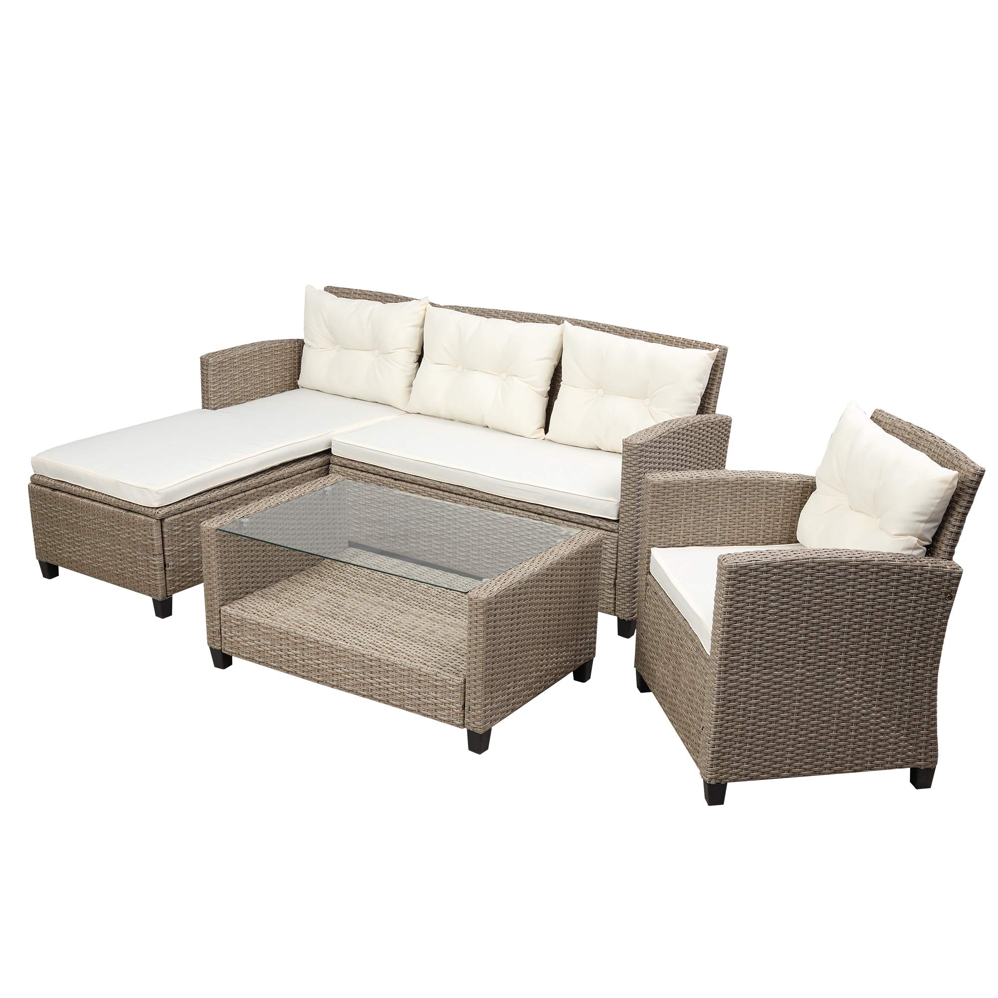 4-Piece Outdoor Sectional Sofa Set - PE Rattan Patio Furniture with Cushions & Glass Table - Brown & Beige Wicker Conversation Set for Backyard, Poolside or Garden Relaxation