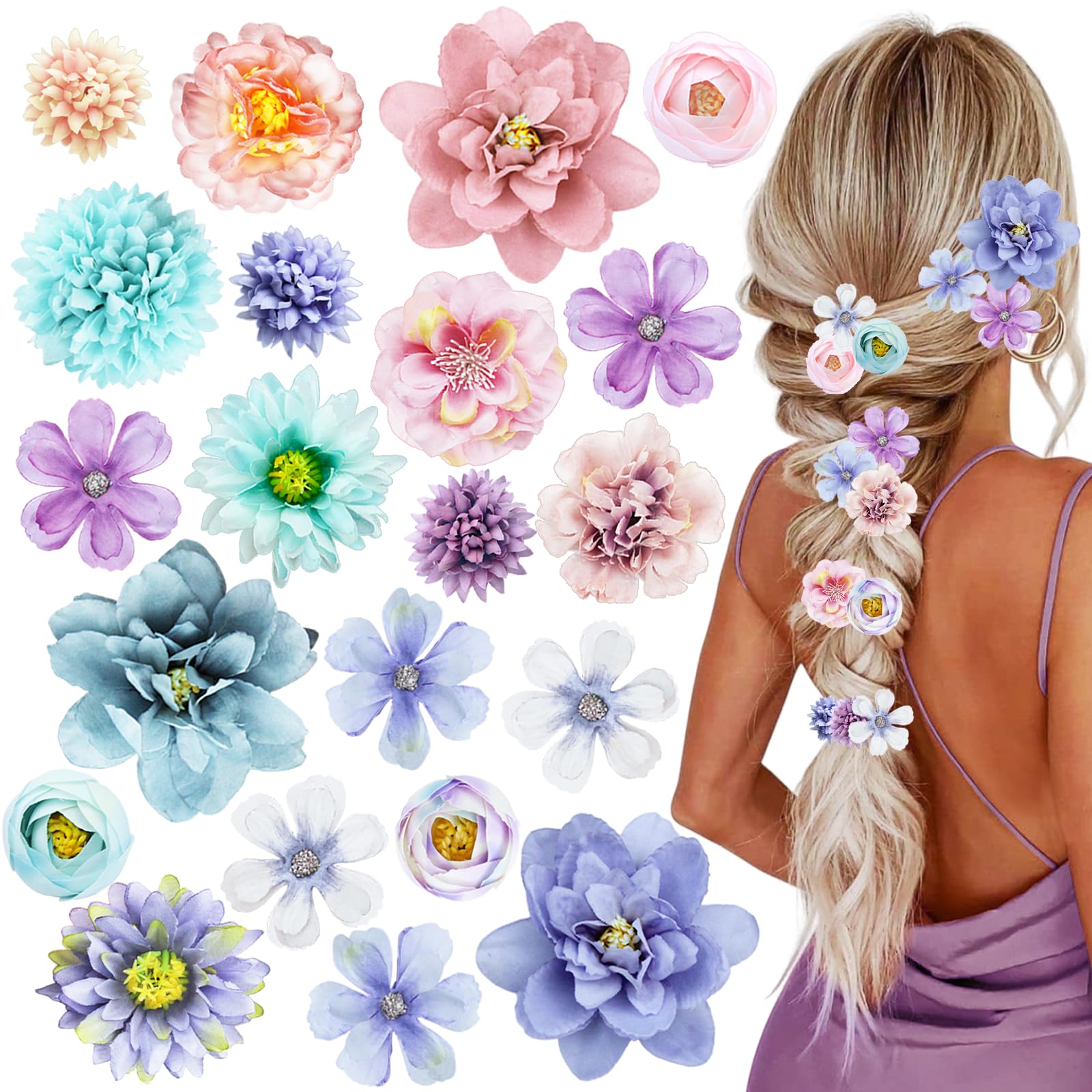 21 PCS Boho Hair Barrettes - Hawaiian Silk Flower Clips for Girls, Brides & Festival Goers (Blue & Purple Floral) | Perfect for Weddings, Beach Parties & Music Festivals
