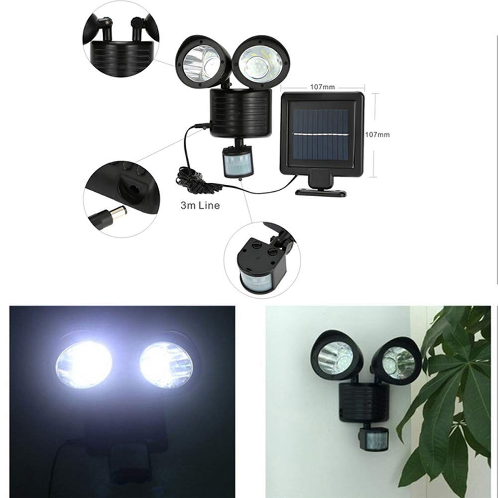 Solar LED Spotlights with Double Head Reflector - 22 LED Motion Sensor Outdoor Lighting, Waterproof IP55 for Courtyard, Landscape & Street - Perfect for Home Security, Garden & Pathway Illumination