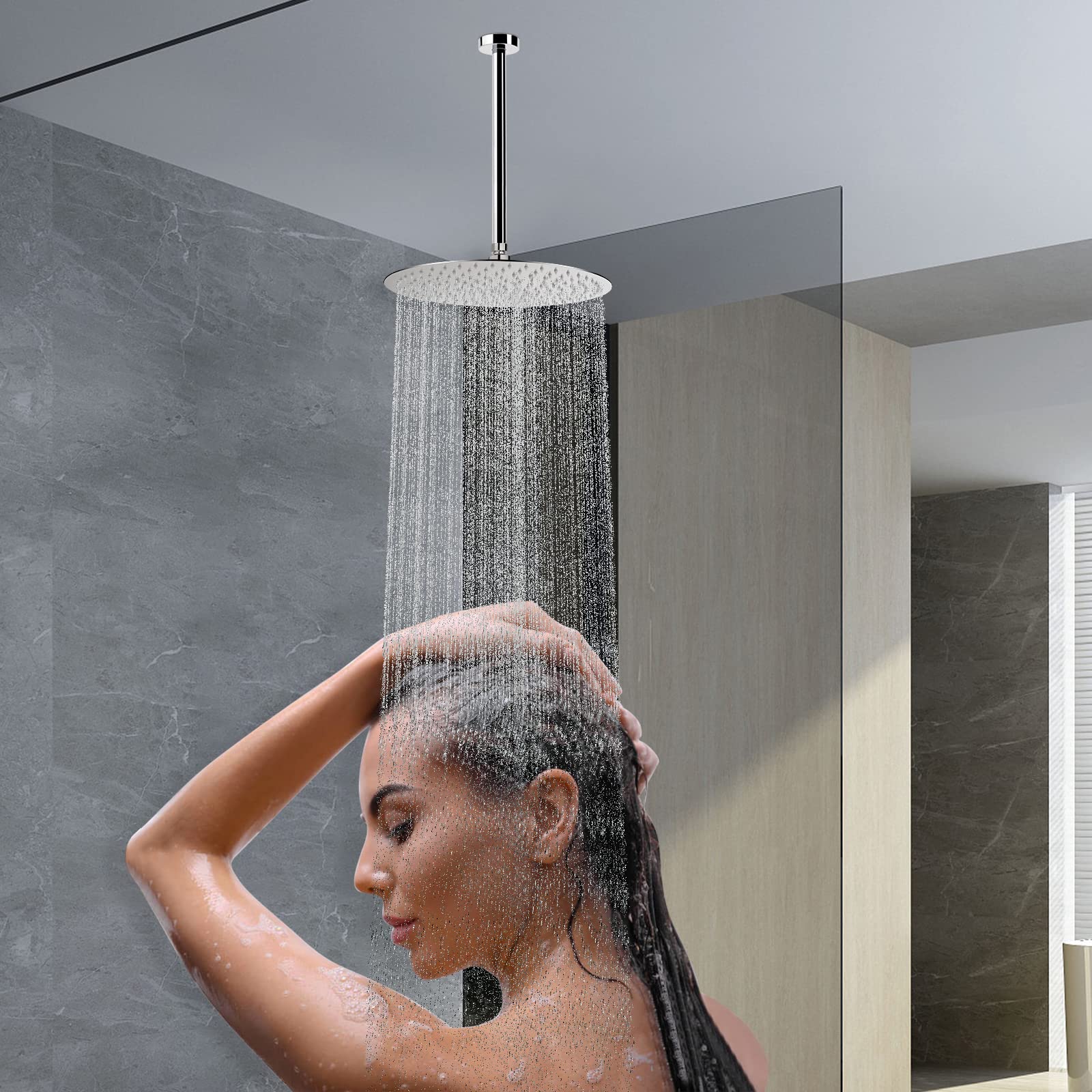 HarJue 12 Inch Stainless Steel Ceiling Mount Shower Arm Extension - Chrome Rain Shower Head Adapter with Flange & Teflon Tape | Perfect for Bathroom Renovation & Modern Fixed Shower Installation