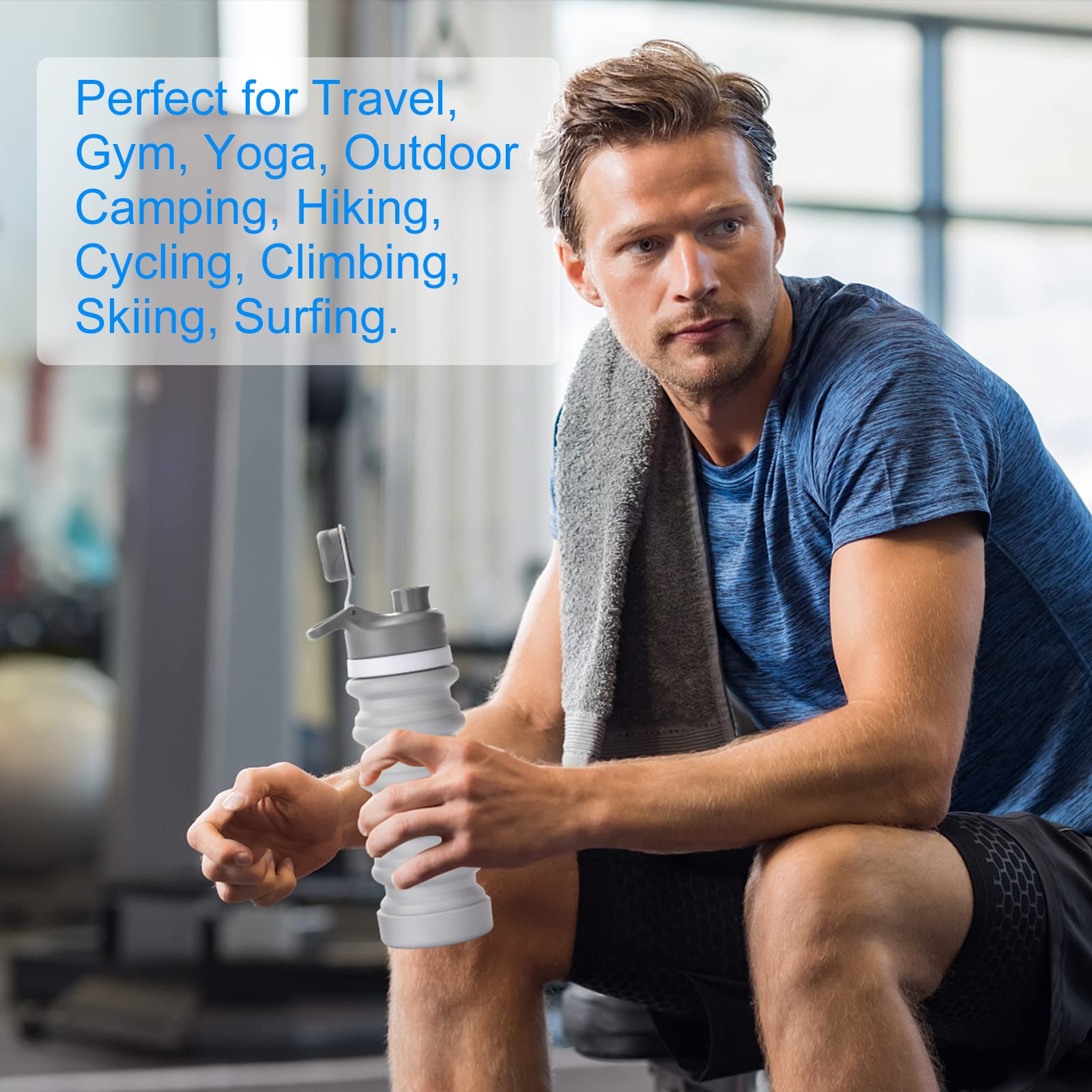 Muslish Collapsible Water Bottle 18oz (550ml) - BPA Free Silicone Foldable Water Bottle for Travel, Gym, Camping & Hiking - Reusable Portable Leak Proof Sports Water Bottle with Carabiner (Light Gray) - Perfect for Outdoor Adventures, Workouts & Daily Hydration