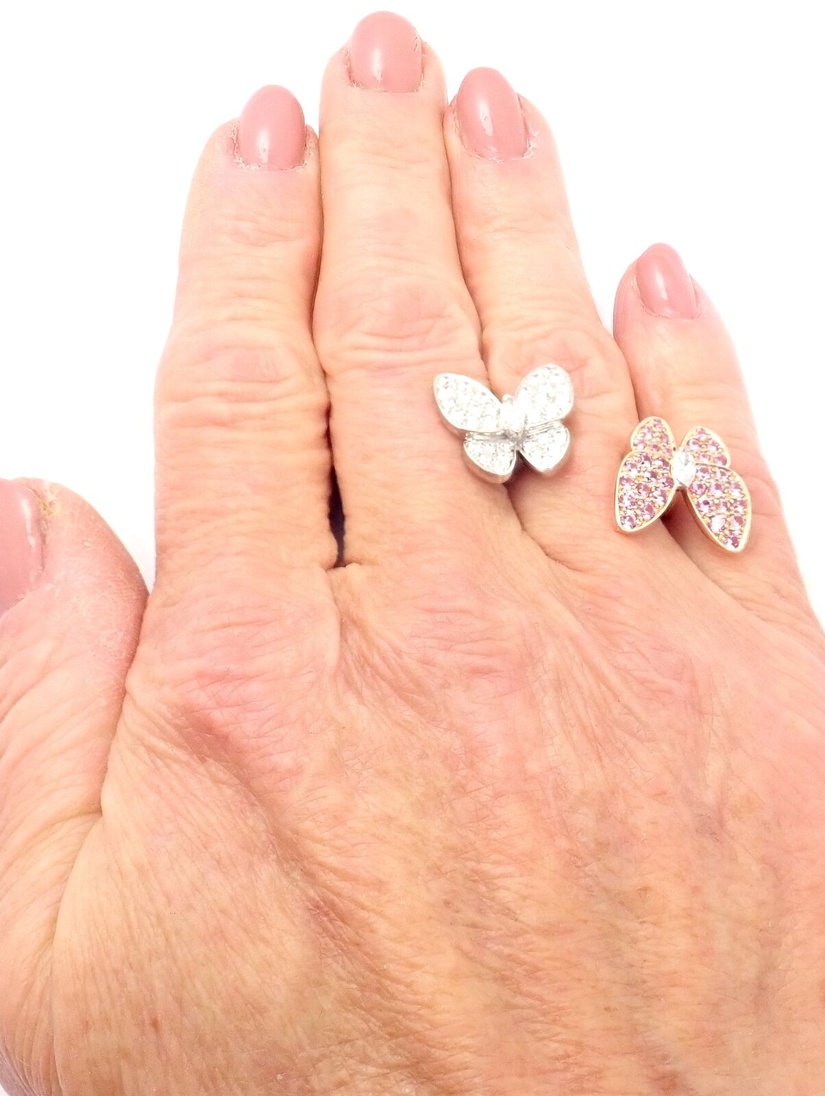 Van Cleef & Arpels 18k Gold Diamond Sapphire Two Butterfly Ring - Elegant Stackable Between Finger Ring for Women, Perfect for Weddings, Anniversaries & Special Occasions