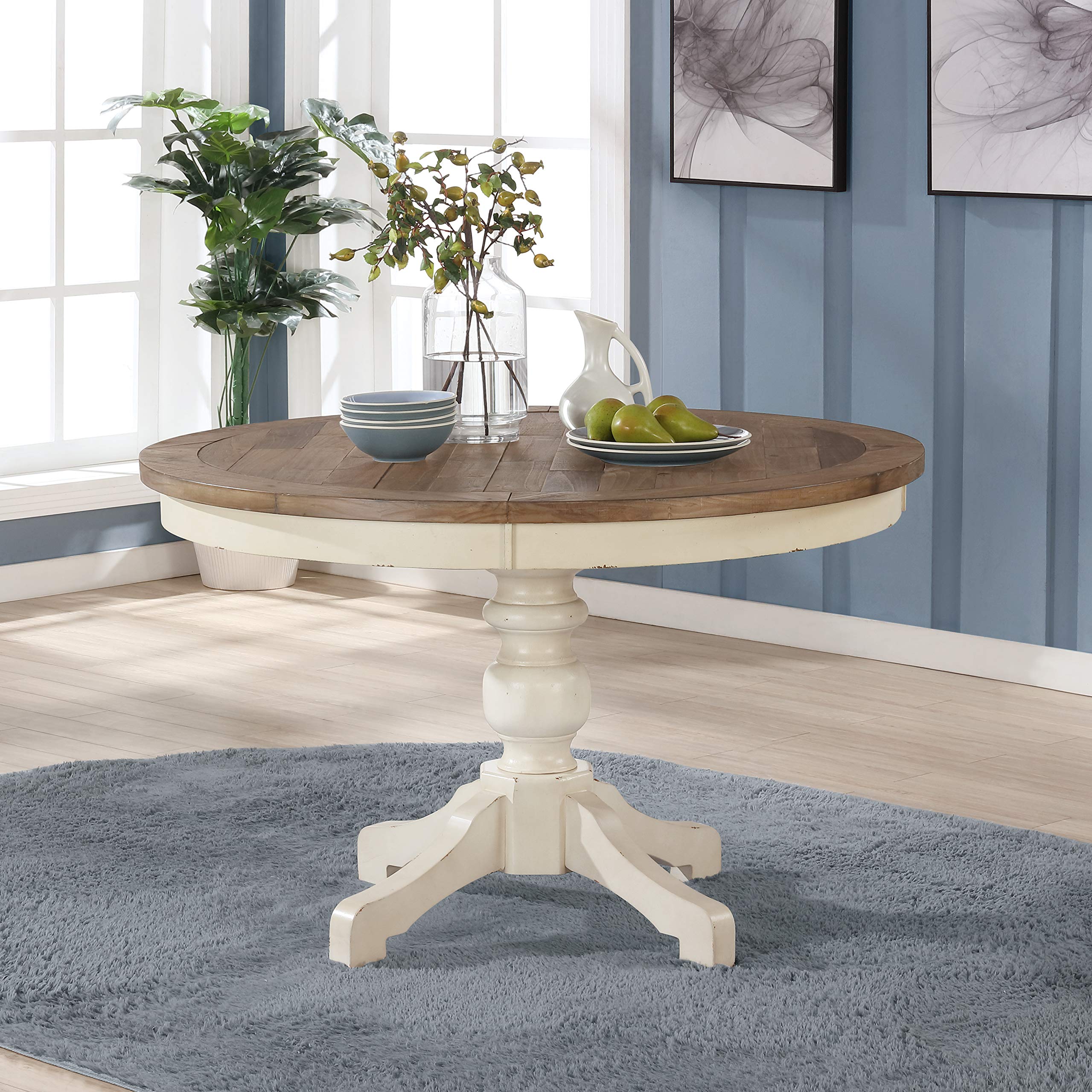 Roundhill Furniture Prato 5-Piece Round Dining Table Set with Cross Back Chairs, Antique White and Distressed Oak - Perfect for Kitchen, Dining Room, and Small Space Gatherings