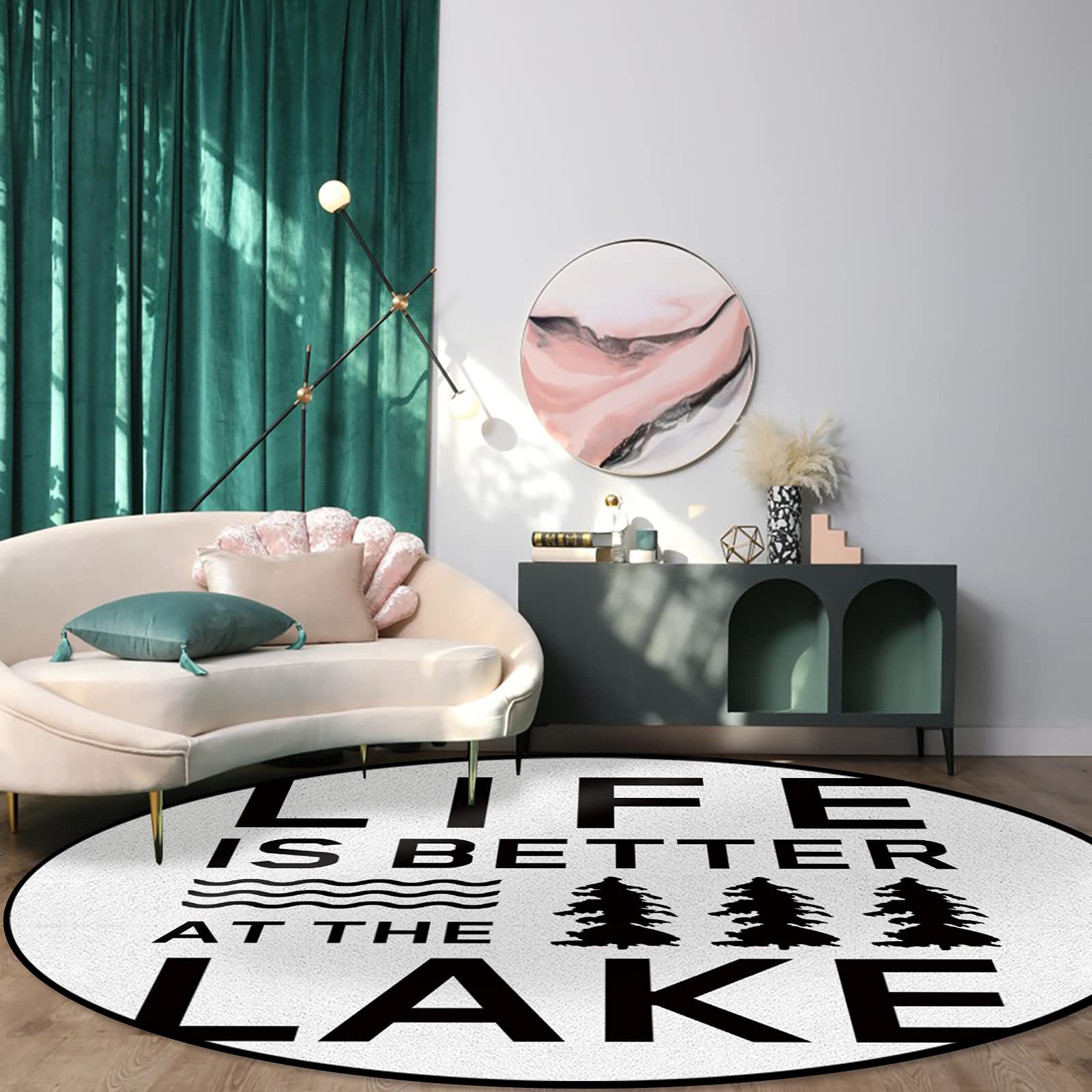 Savannan 5 ft Round Non-Slip Area Rug - Soft Sponge Accent Carpet for Living Room, Bedroom, Dorm Decor - Lake Summer Theme - Perfect for Cozy Home, Vacation House & Lakeside Cabin Decor