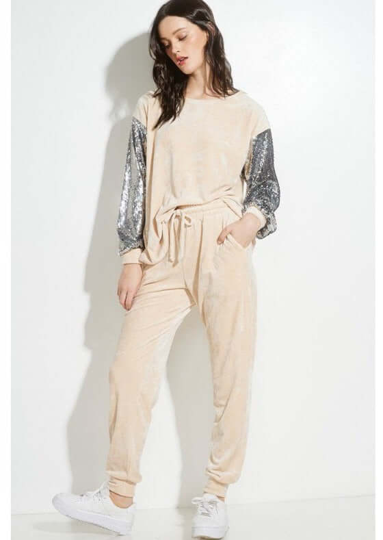 Champagne Glam Velvet Tracksuit with Sparkling Sequins Sleeves - Women's Luxury Lounge Set for Parties & Special Occasions