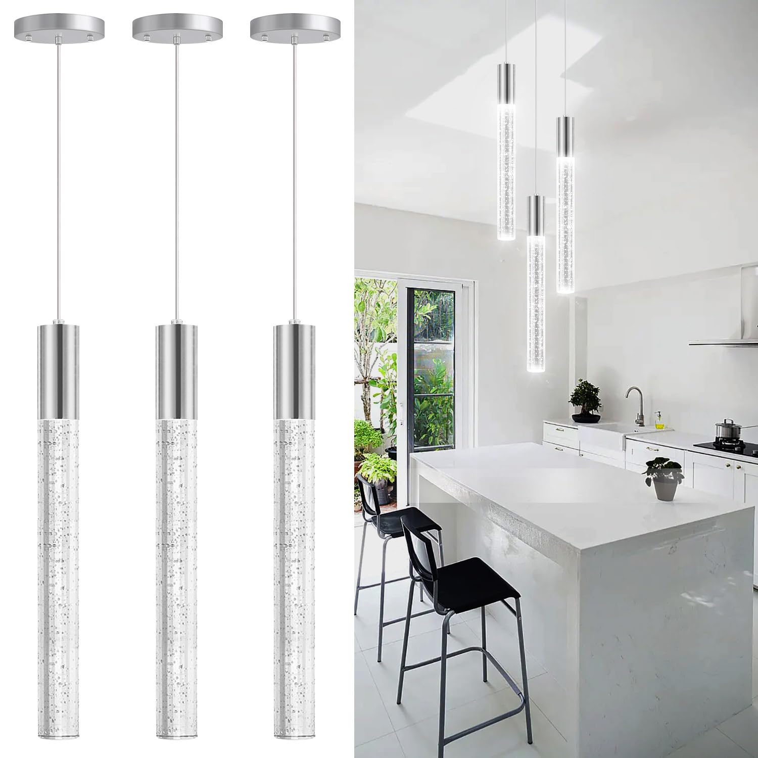 3 Pack Modern Dimmable LED Pendant Lights for Kitchen Island - Silver Hanging Light Fixtures for Dining Room, Bedroom & Living Room | Energy Efficient Lighting for Home Decor & Ambient Mood Setting