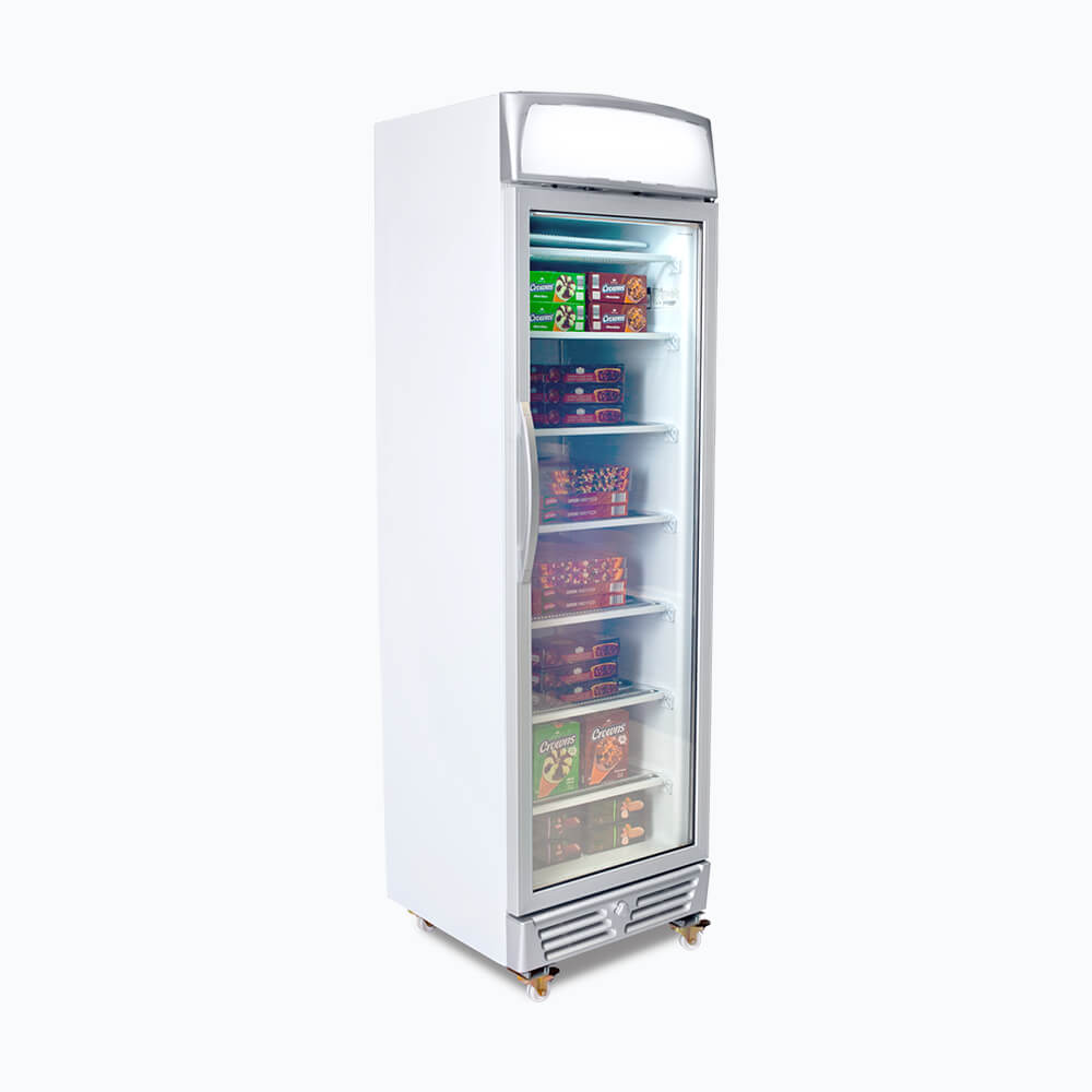 Bromic 300L Commercial Upright Display Freezer with LED Lightbox & Flat Glass Door - UF0374LS - Perfect for Supermarkets, Convenience Stores, and Restaurant Food Display
