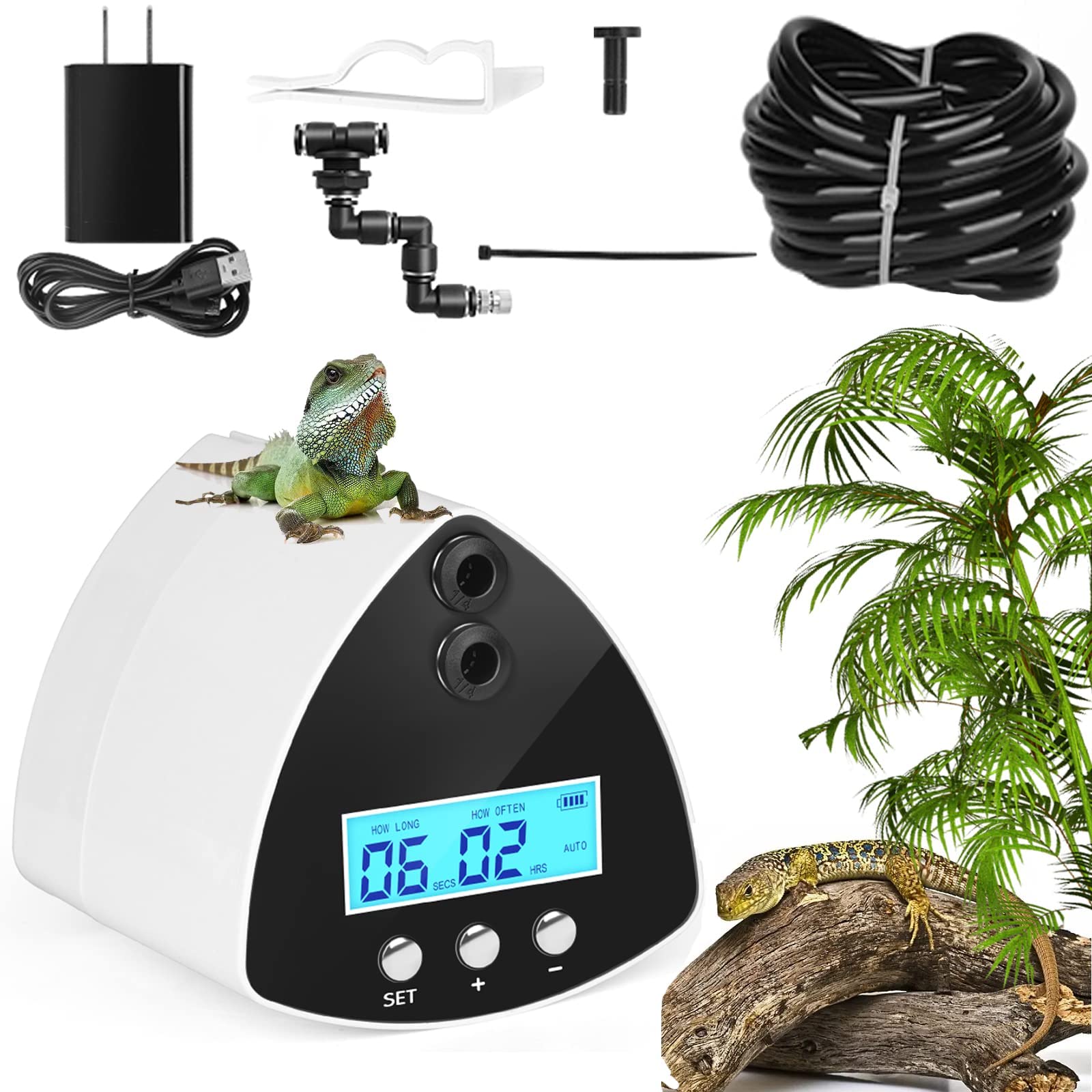 Automatic Reptile Misting System - 2 Nozzles Terrarium Humidifier with LCD Screen & Timer | Perfect for Chameleons, Geckos, Snakes & Amphibian Habitats