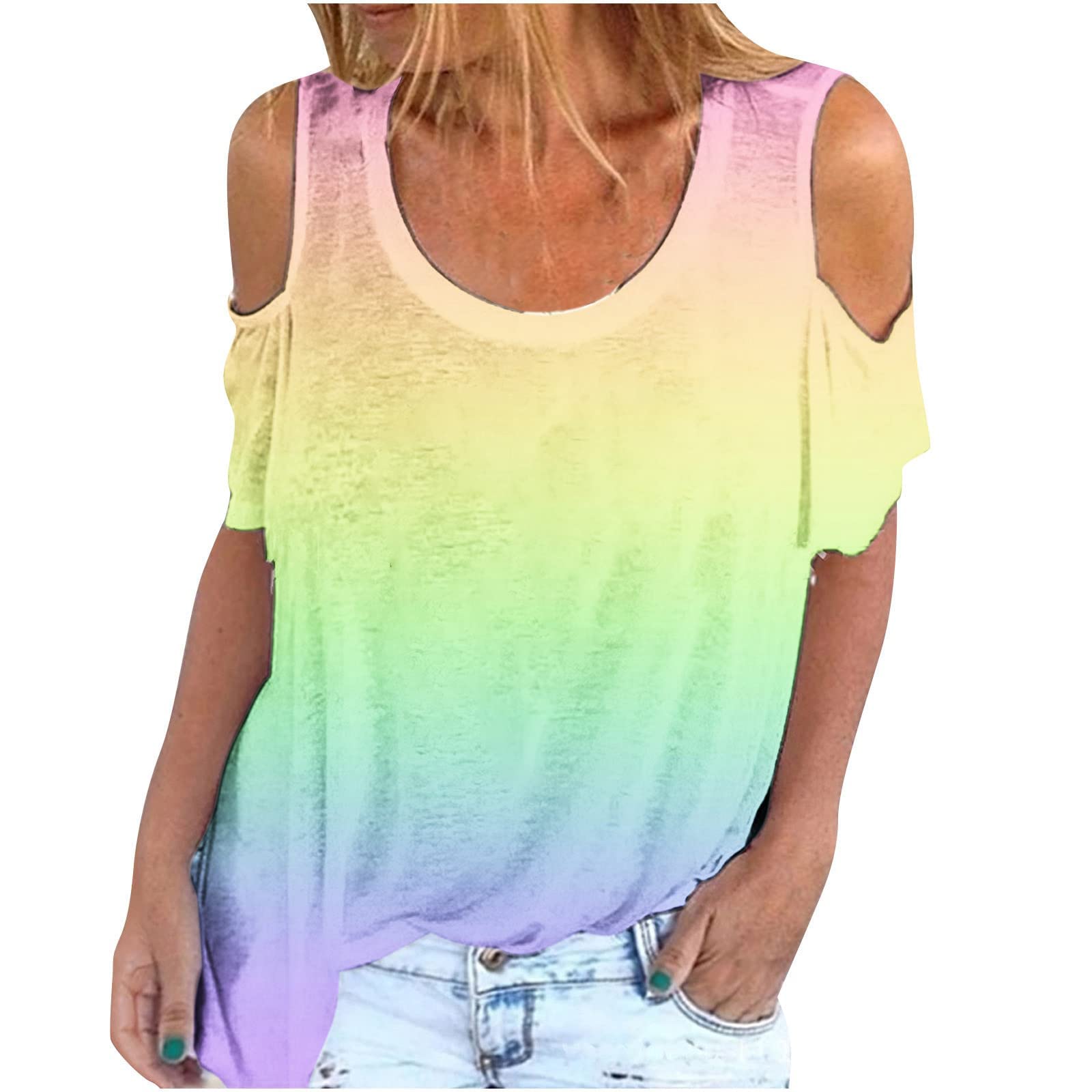 Women's Summer Cold Shoulder Tie Dye Floral Short Sleeve T-Shirt | Crewneck Casual Tee for Teen Girls | Perfect for Beach Outings, Music Festivals & Summer Vacations