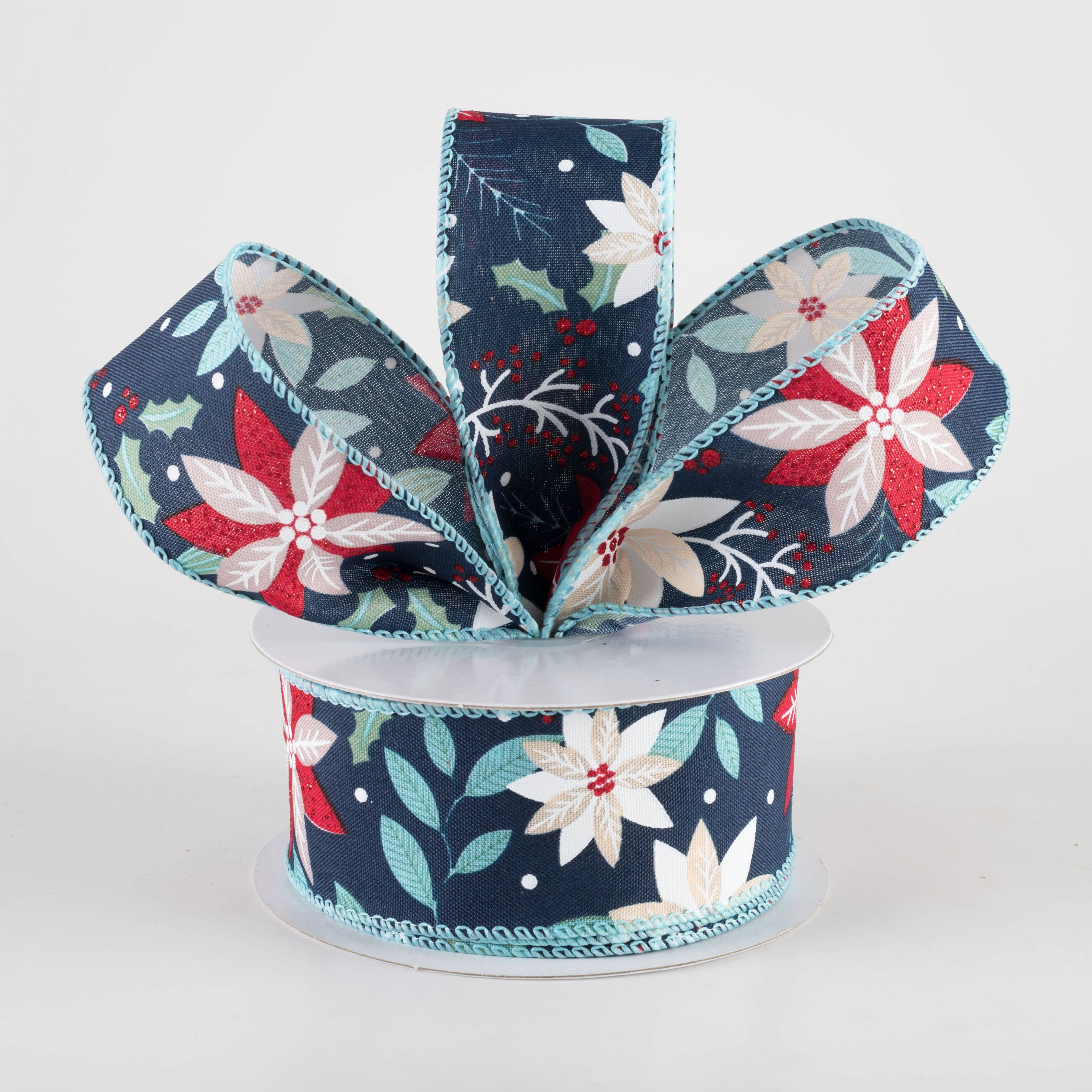 1.5 Inch Holiday Poinsettia Ribbon - Navy Blue Christmas Decorative Ribbon (10 Yards) for Gift Wrapping, Tree Decorations and DIY Crafts