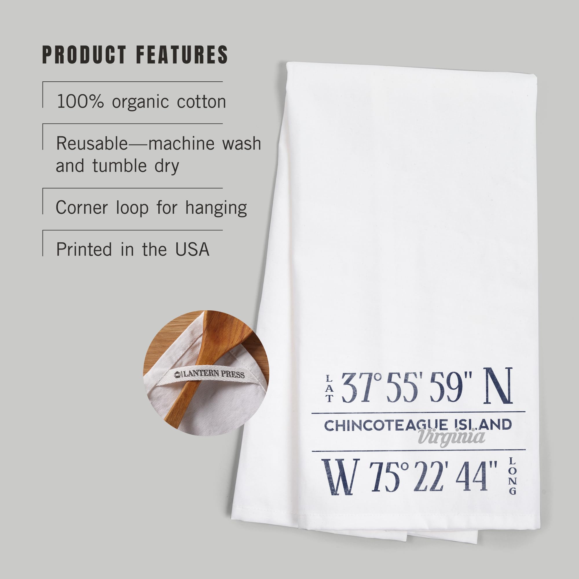 Lantern Press Chincoteague Island Virginia Coordinates 100% Cotton Tea Towel - Decorative Kitchen Hand Towel for Home Decor & Coastal Themed Spaces