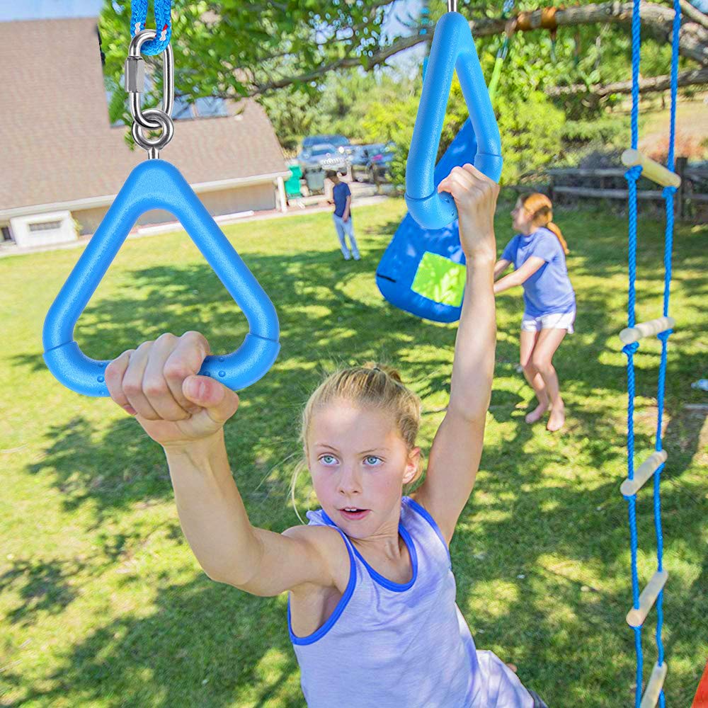 Dolibest 2-Piece Trapeze Swing Bar Rings with Carabiners - Outdoor Ninja Swing Set Accessories, Monkey Rings & Obstacle Course Toys for Kids (Blue) - Perfect for Backyard Playgrounds, Tree Swings, and Outdoor Fitness Training
