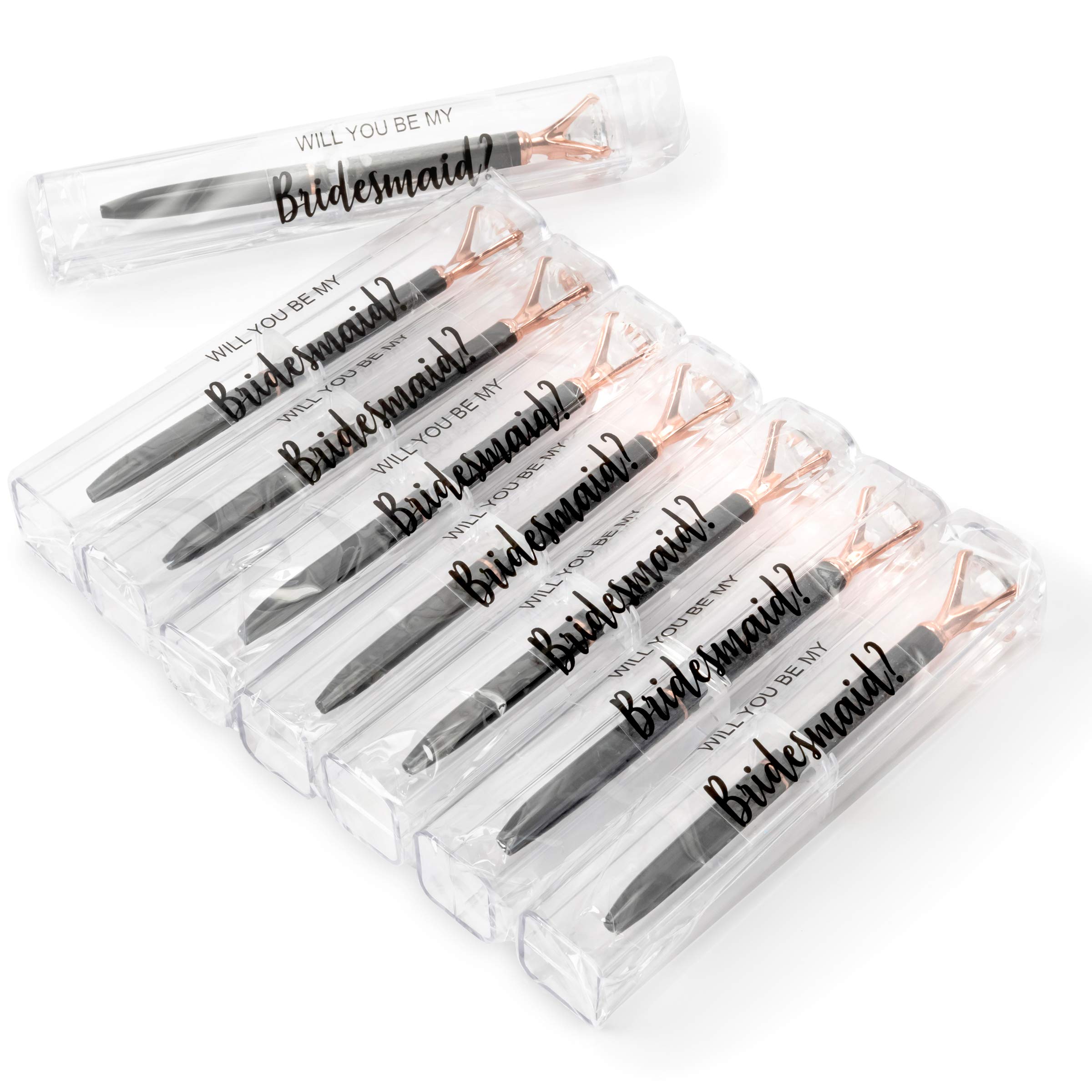 8-Piece Bridesmaid Diamond Pens Set - Elegant Rose Gold & Black Proposal Gift Box for Bridal Showers, Bachelorette Parties & Wedding Favors - Perfect for Bridesmaid Gifts & Special Occasions