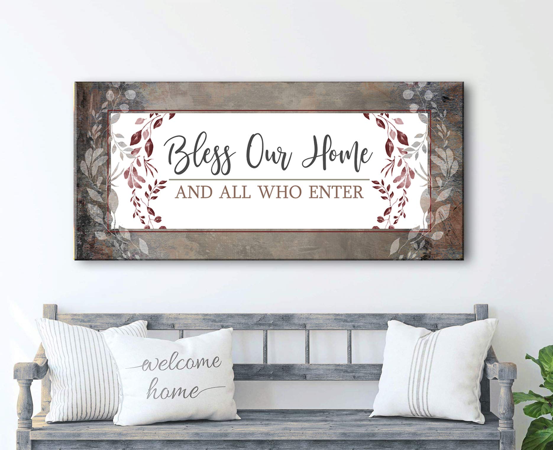 Bless Our Home Sign - Large Canvas Wall Art for Front Door & Entryway Decor (60x27, Brown) | Perfect Housewarming Gift & Living Room Wall Decor for Cozy Home Ambiance