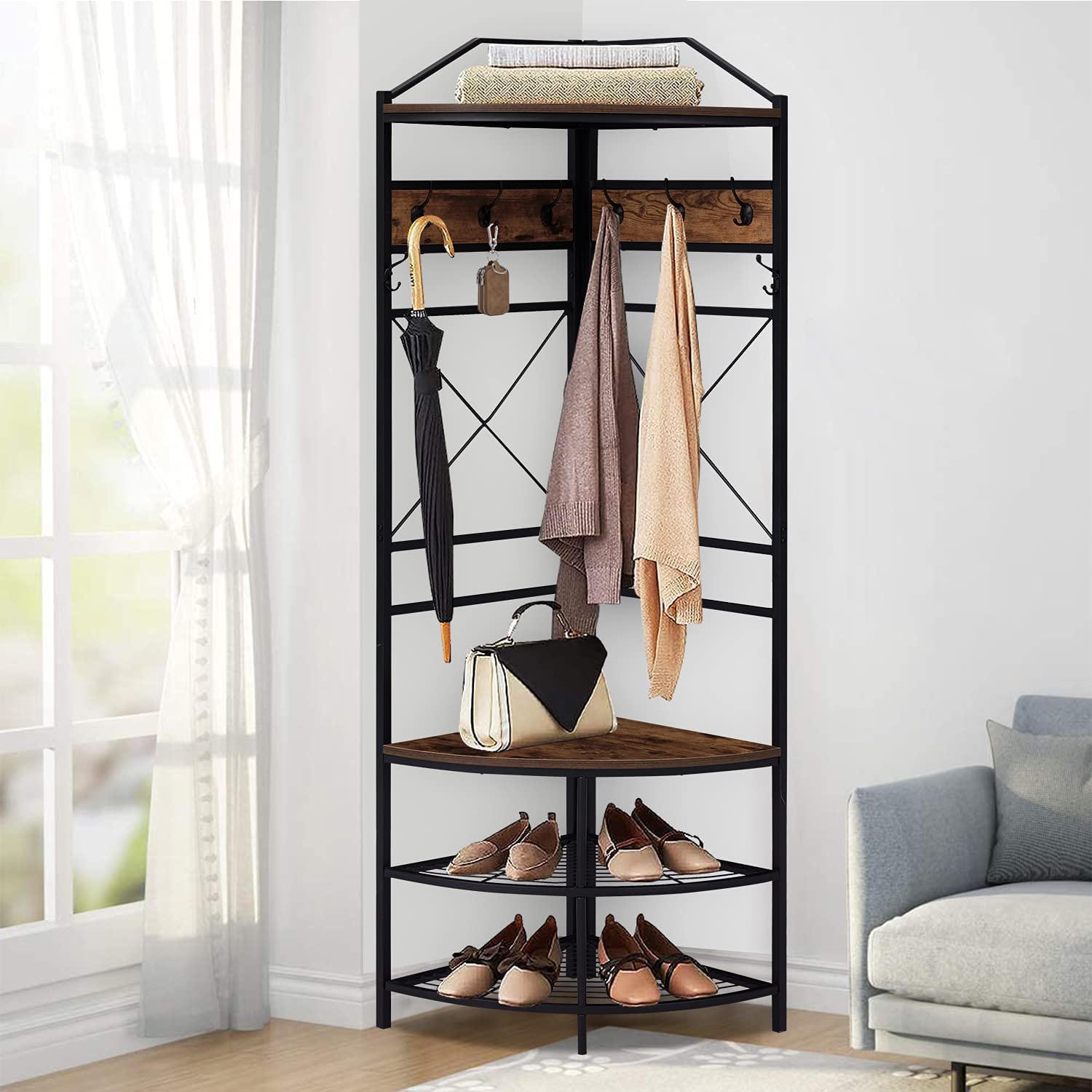 Kinbor Corner Hall Tree - 8 Double Hooks Coat Rack with Shoe Bench, Rustic Brown Entryway Organizer for Home, Office & Bedroom | Perfect for Small Spaces, Mudroom Storage & Apartment Living