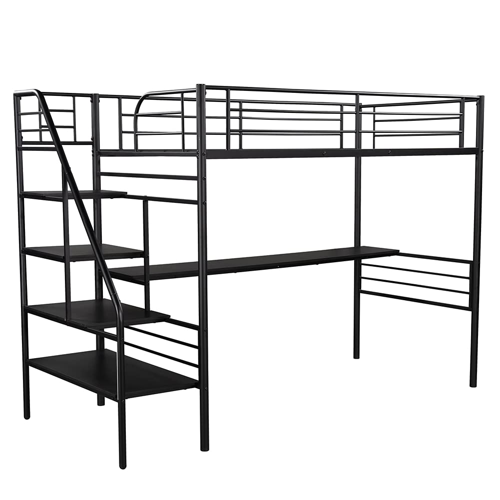 Twin Size Metal Loft Bed Frame with Stairway & Guardrails - Space-Saving Bedroom Furniture with Under-Bed Workstation & Full-Length Desk for Small Apartments, Dorm Rooms & Guest Rooms