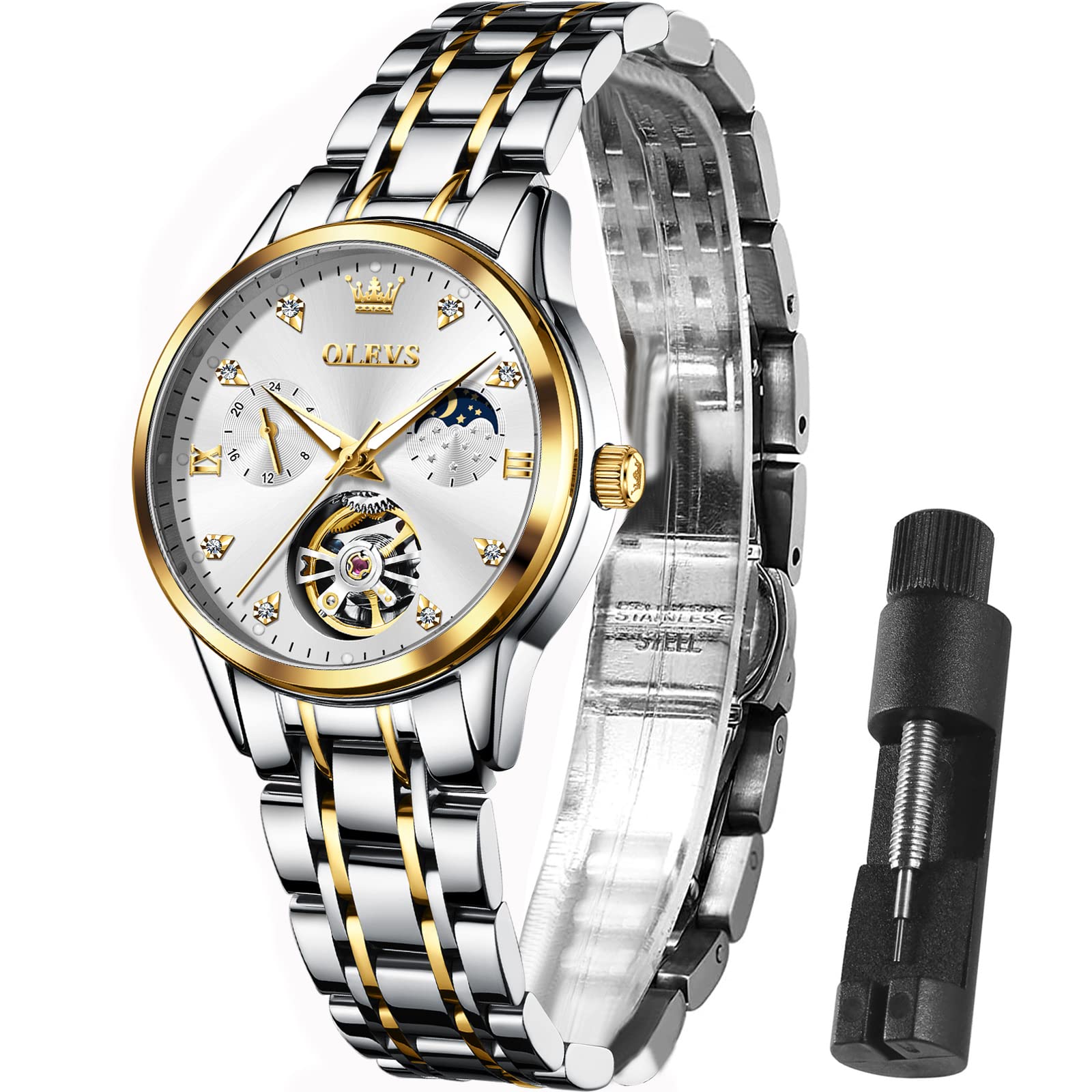 OLEVS Women's Two-Tone Stainless Steel Diamond Dress Watch - Adjustable Luxury Analog Quartz Watch with Date Display, Blue Dial - Perfect for Business, Office & Formal Occasions