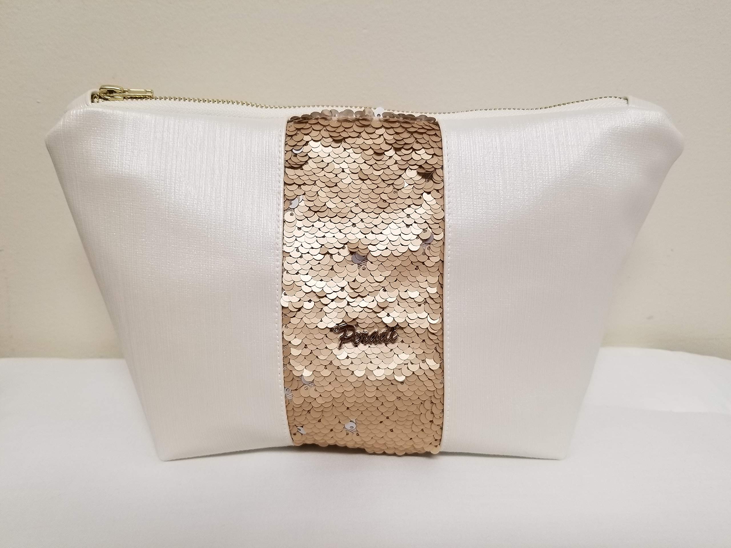 Peradi Large Ivory Makeup Bag with Gold/Silver Reversible Sequins & Zipper - Travel Cosmetic Organizer for Women, Bridal Party, Vacation Essentials