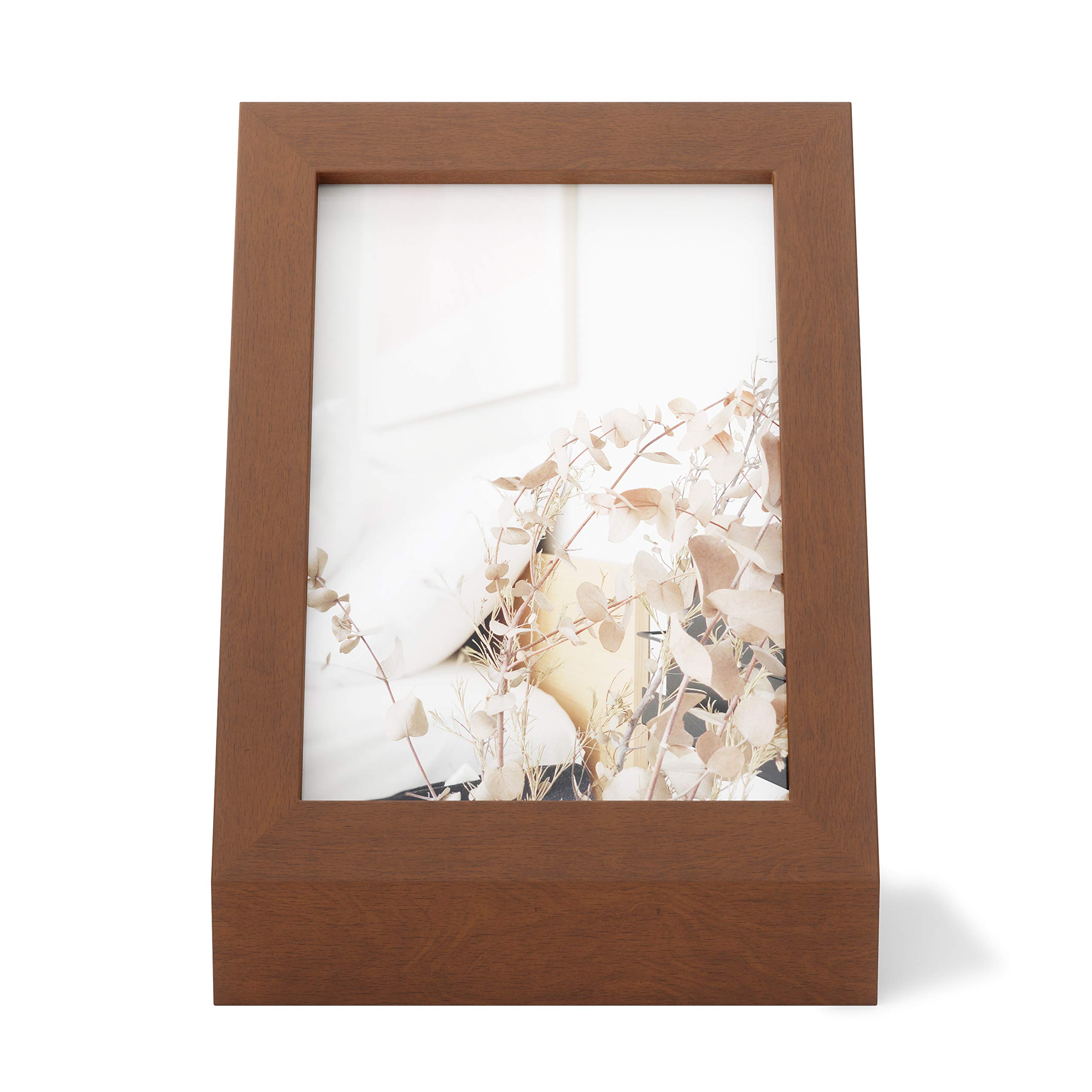Umbra Podium Picture Frame 5x7 Inches - Modern Walnut Wood Photo Display for Home & Office Decor - Perfect for Desks, Shelves, and Gift Giving