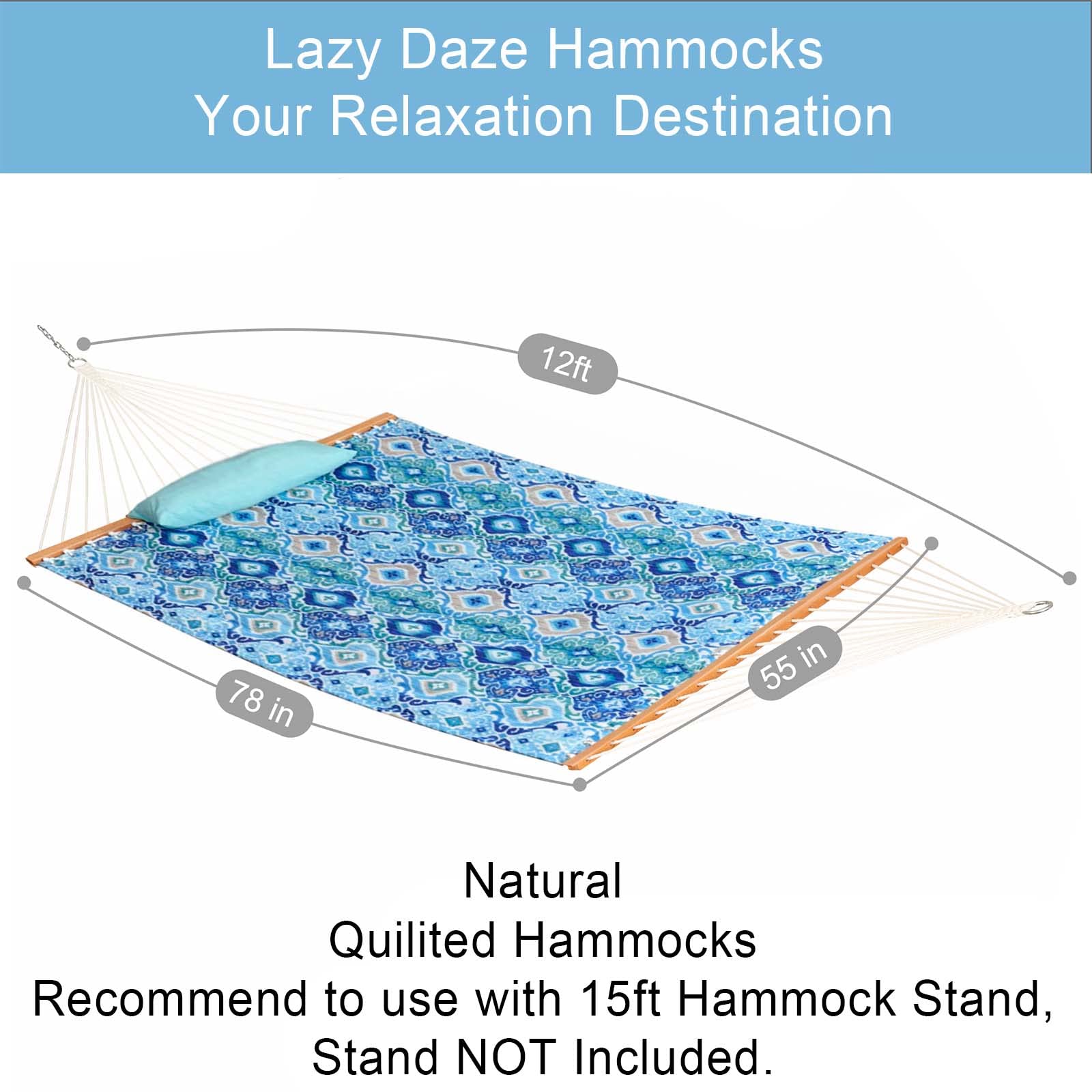 Lazy Daze 12FT Double Hammock with Pillow - 2 Person Quilted Fabric Hammock with Spreader Bar for Outdoor, Patio, Garden, Yard, Pool & Beach - Perfect for Relaxing, Camping, and Backyard Lounging