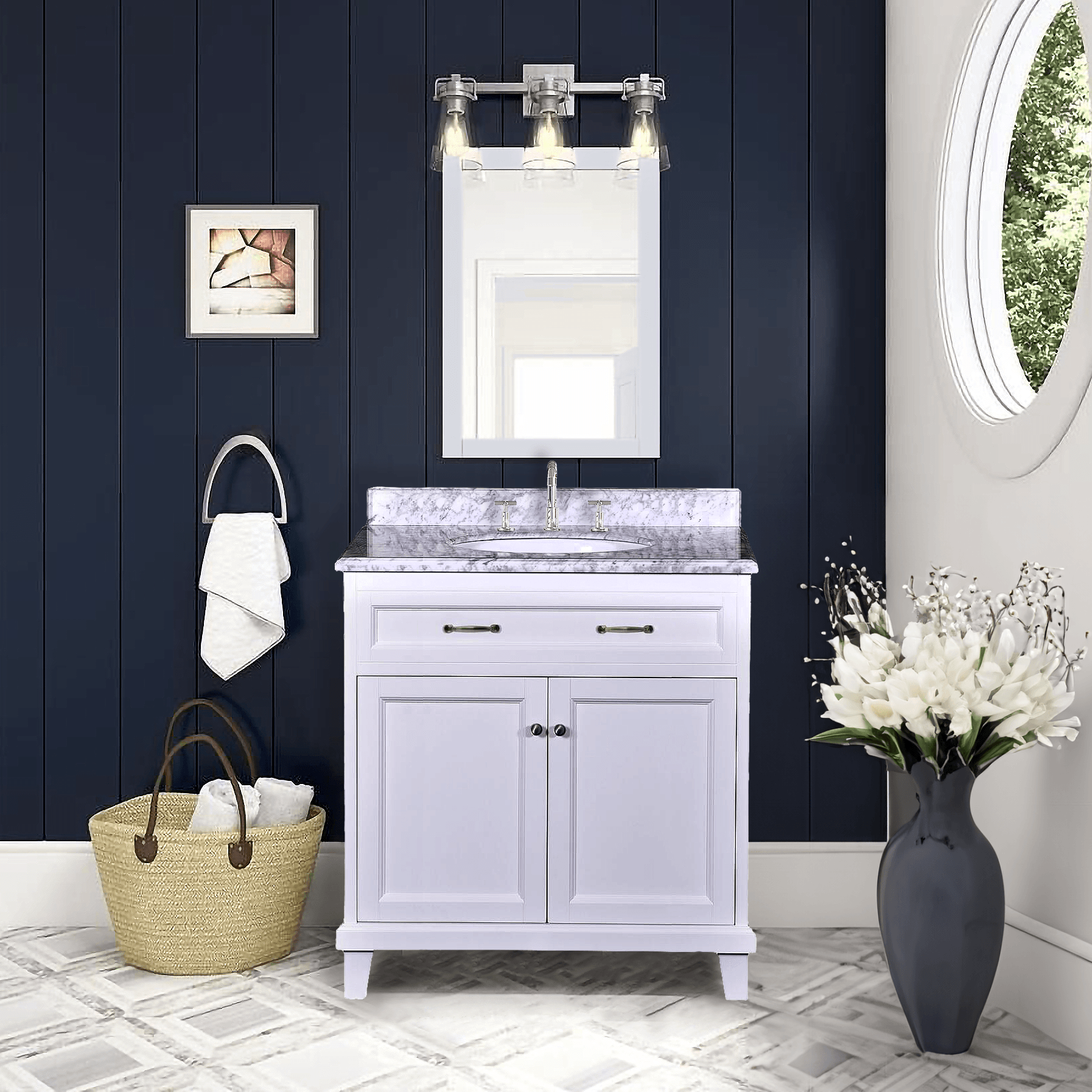 White Bathroom Vanity with Solid Wood Frame & Carrara Marble Top - 3 Size Options for Modern Bathroom Decor | Perfect for Master Bath, Guest Bath & Small Space Remodeling