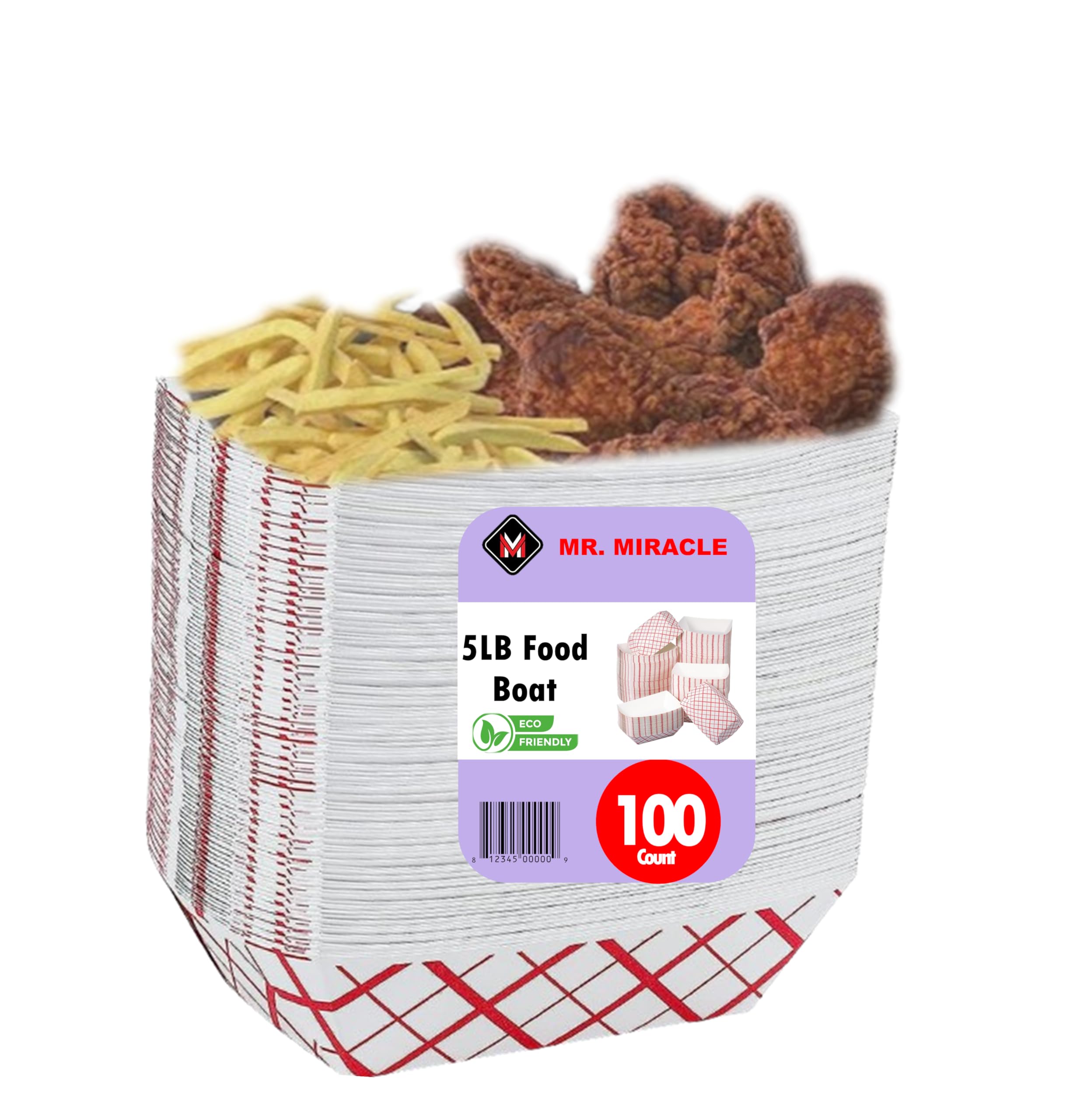 Mr Miracle Extra Large (5LB) Red & White Checkered Paper Food Trays - 100 Pack Disposable & Recyclable Serving Boats for Condiments, Snacks & Concession Food | Grease Resistant | Perfect for Parties, Picnics & Food Service Businesses
