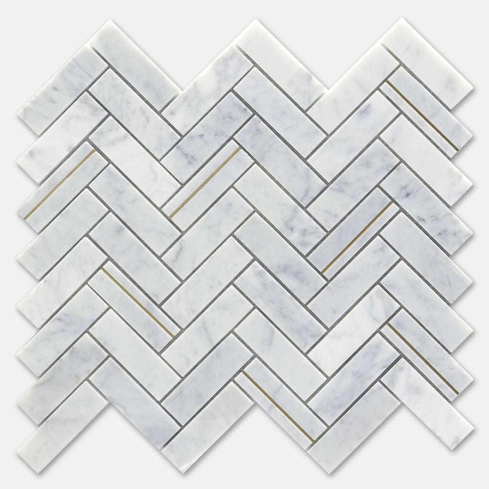 Premium Fifth Avenue Herringbone Carrara Honed Marble Mosaic Tile Sheets - Elegant Floor & Wall Design for Bathroom, Kitchen, and Backsplash