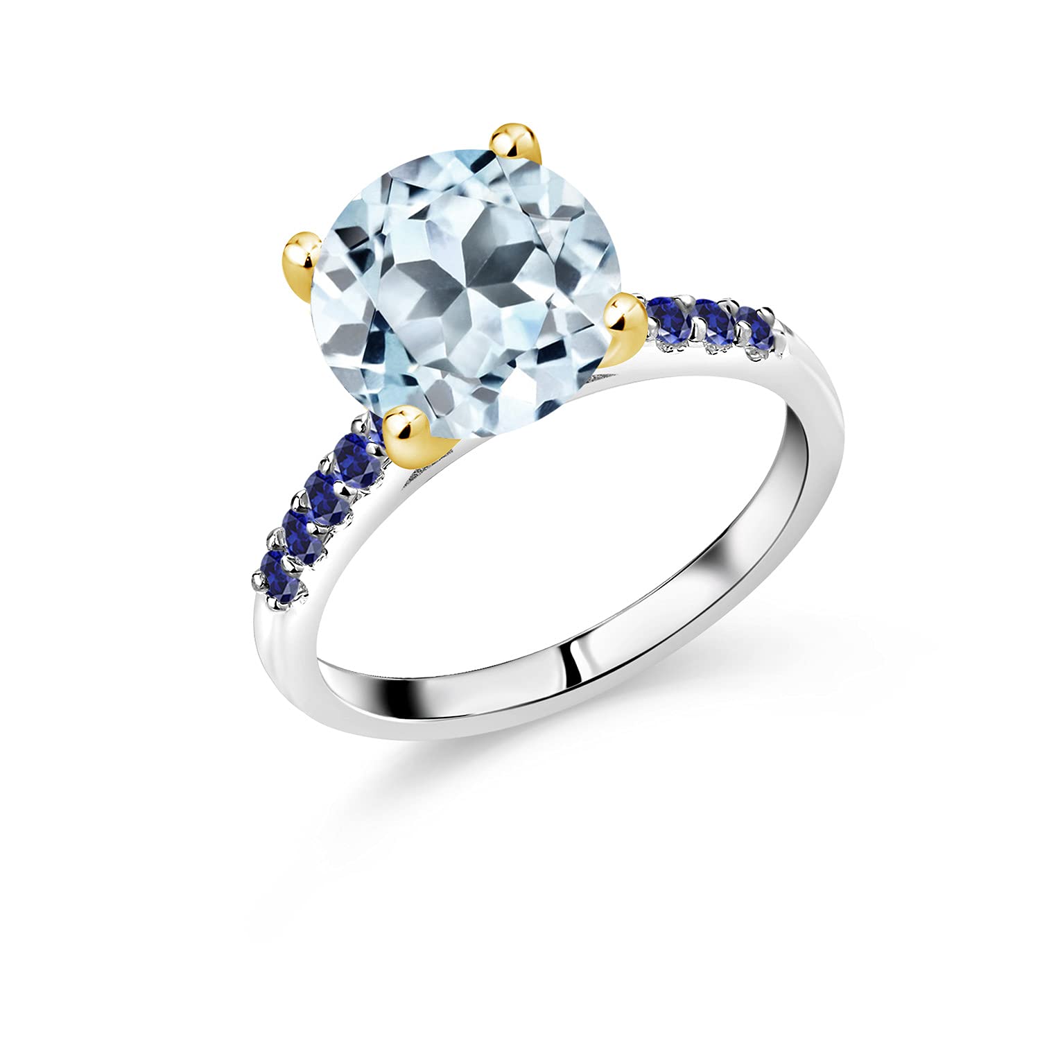 5.22 Ct Sky Blue Topaz & Created Sapphire 10K White Gold Ring with Yellow Gold Prongs | Gem Stone King | Elegant Jewelry for Weddings, Anniversaries & Special Occasions