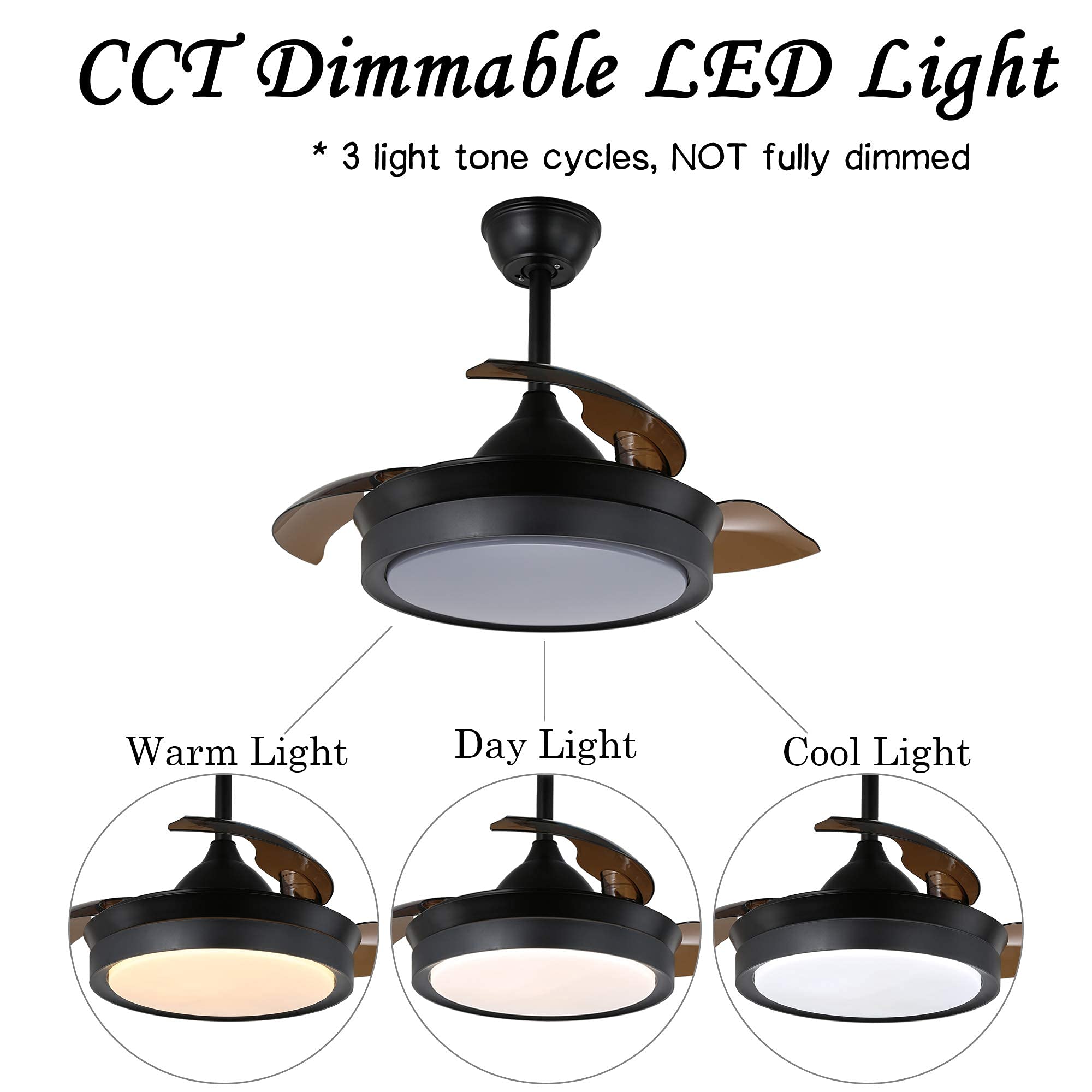 42 Inch Retractable Ceiling Fan with Lights and Remote Control - 3 Adjustable Blades, 3 Color Changing LED Lights, 4 Timer Settings, Ultra Quiet Motor, Modern Black Design for Living Room, Bedroom, and Outdoor Patio