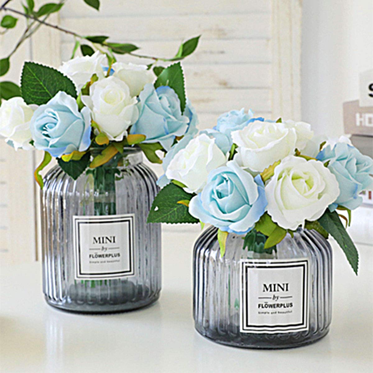 12 Heads Artificial Silk Rose Flowers Bouquet - Fake Roses for Wedding, Bridal, Home Decor (White & Blue) - Perfect for Centerpieces, Table Arrangements, and DIY Floral Projects