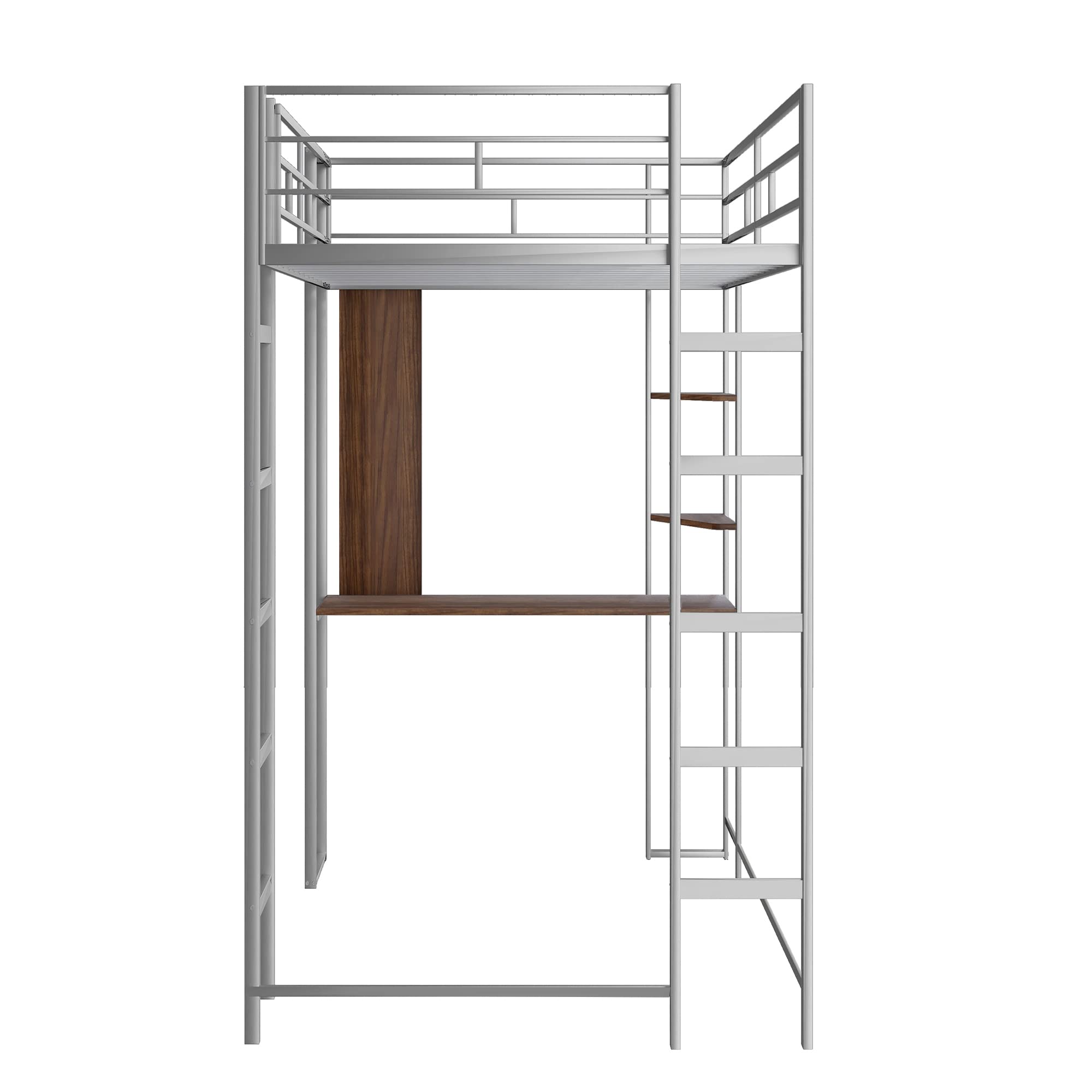 **Metal Loft Bed with Desk & Shelves - Twin Size Space-Saving Furniture with Guard Rails & Ladder - Kids Study & Sleep Solution (Silver) - Perfect for Small Bedrooms, Dorms & Apartments**