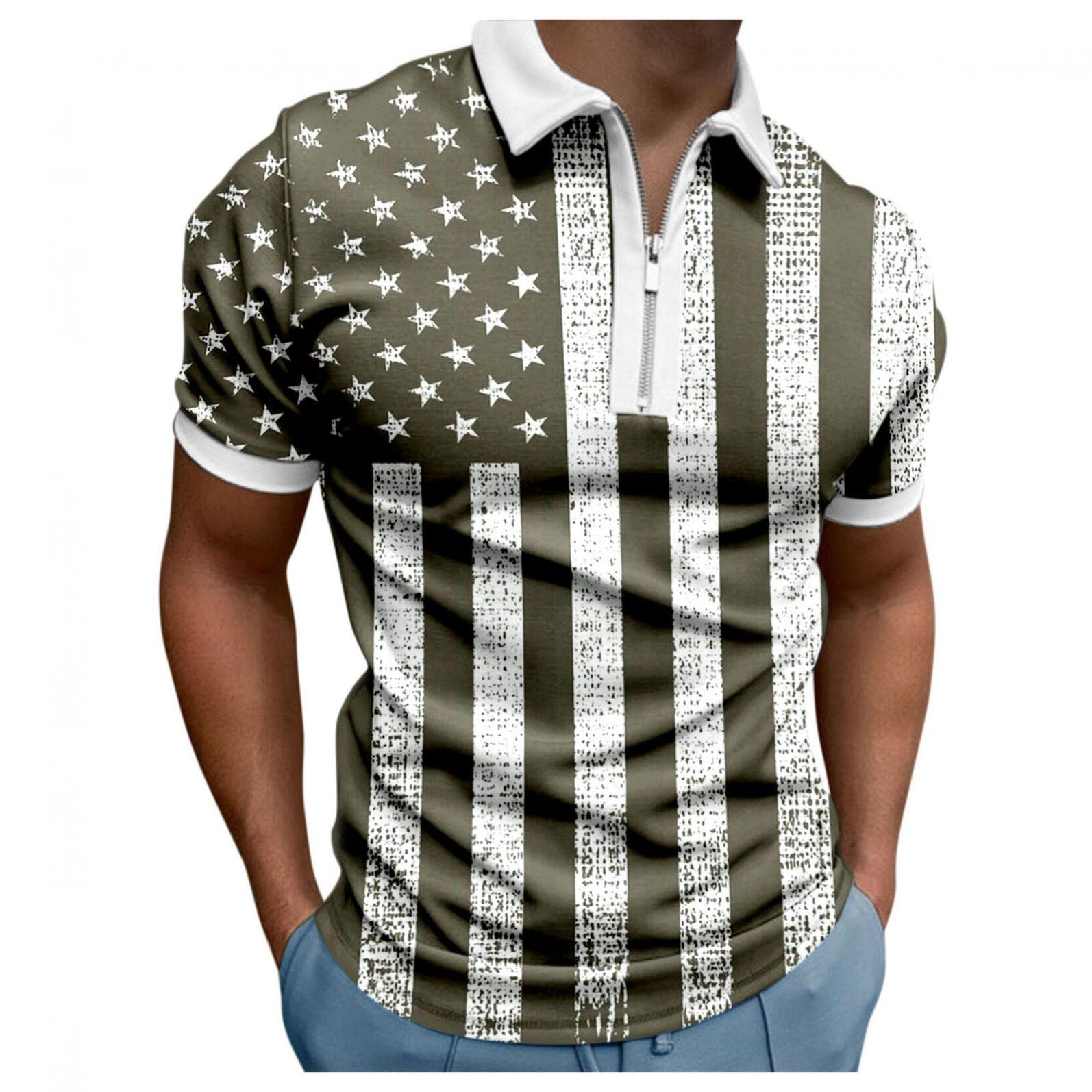 Men's Cotton Pique Polo Shirt with American Flag Print & Zipper Lapel - Short Sleeve Casual T-Shirts for Men - Perfect for Outdoor Activities, Sports & Patriotic Events