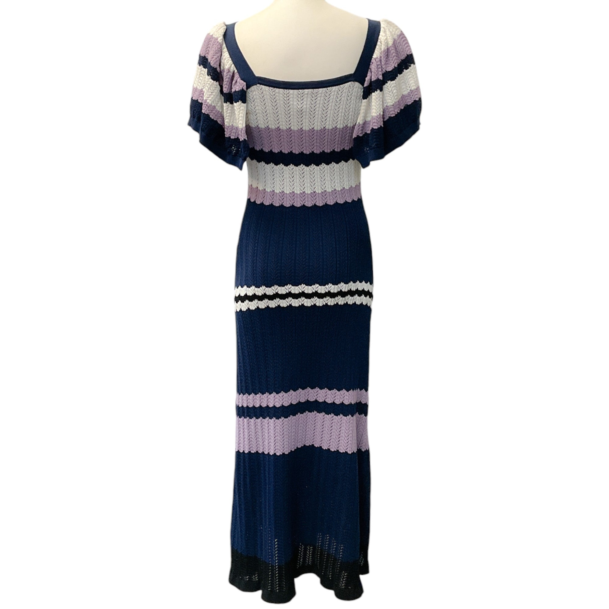 Adam Lippes Navy Blue & Ivory Flounce Sleeve Knit Midi Dress - Elegant Casual & Party Wear for Women