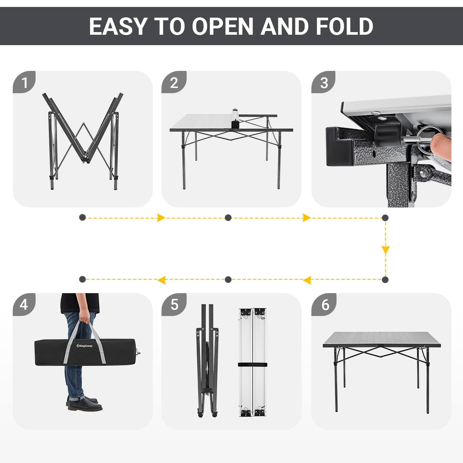 KingCamp Folding Camping Table - Aluminum Roll-Up Camp Table for 6-8 People, Heavy Duty 180 LBS Capacity, Portable Outdoor Picnic Table with Carry Bag - Perfect for Camping, Backyard BBQ, Beach Parties & Tailgating