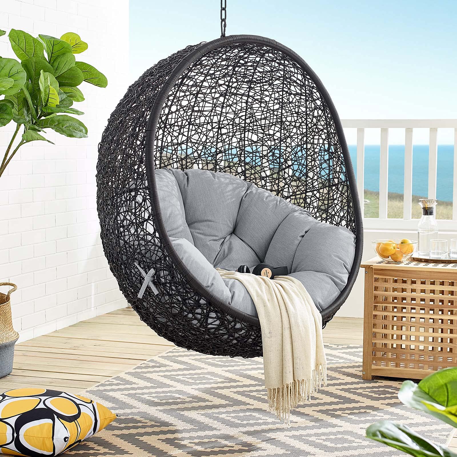 Modern Swing Lounge Chair for Outdoor Patio, Balcony, Cafe & Garden - Black & Gray Hanging Chair for Relaxing, Lounging & Reading