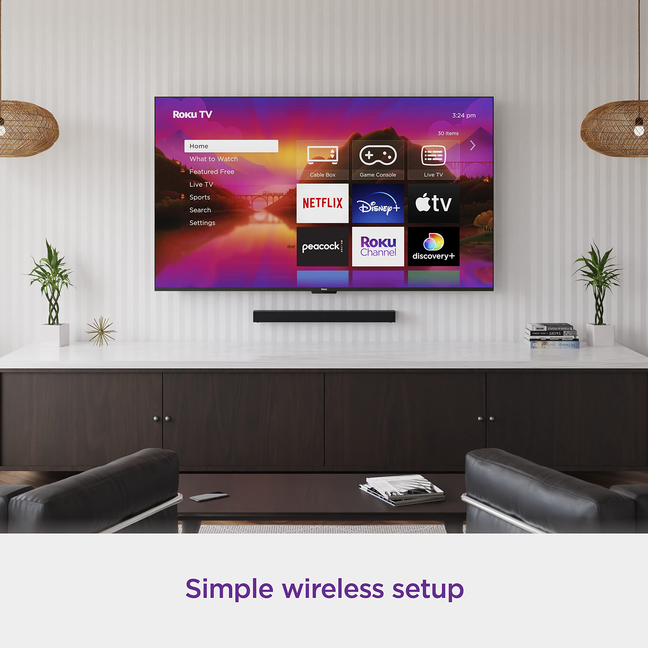 Roku TV Wireless Soundbar with Enhanced Stereo Sound & Clear Dialogue - Easy Wireless Setup for Roku TVs | Perfect for Home Theater, Movie Nights & Gaming