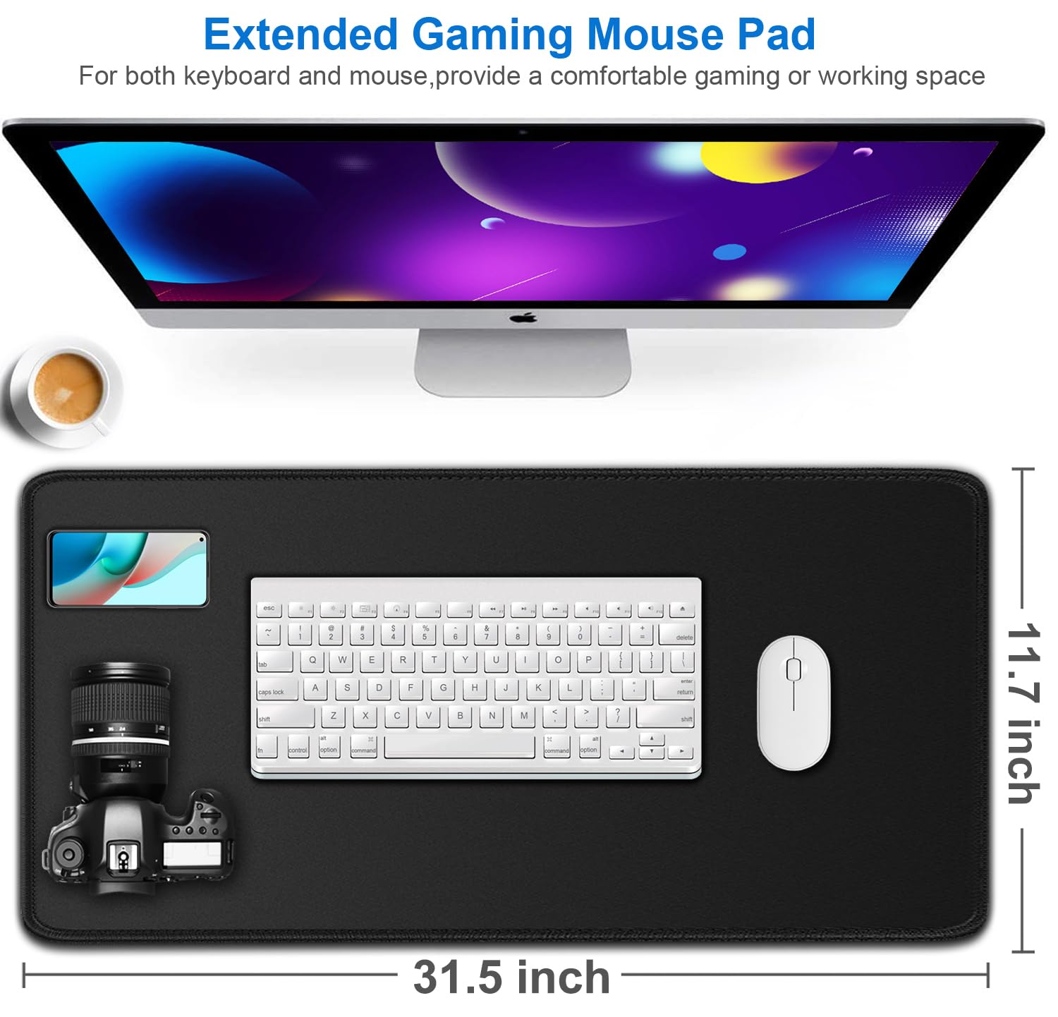 Large Extended Gaming Mouse Pad - Waterproof Non-Slip Rubber Base with Stitched Edges | 31.5 x 11.7 Inch Oversized Desk Mat for Computer, Keyboard & Mouse | Perfect for Gaming, Office & Home Use | Durable Black Mousepad for PC, Laptop Workstations