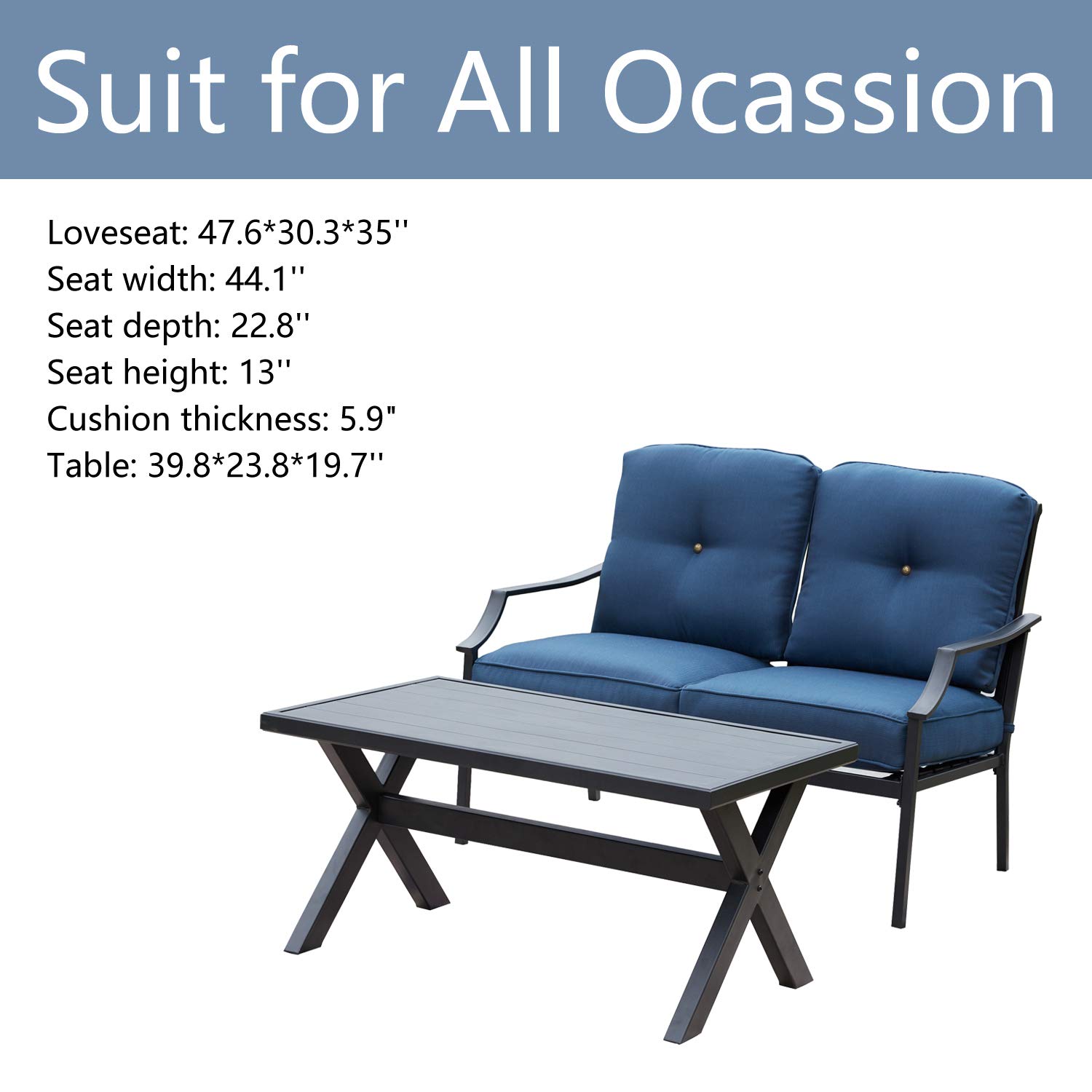 **2-Piece Outdoor Loveseat Bench Set with Cushions - Patio, Garden, Yard & Poolside Conversation Furniture - Blue - Perfect for Relaxing, Entertaining & Outdoor Lounging**