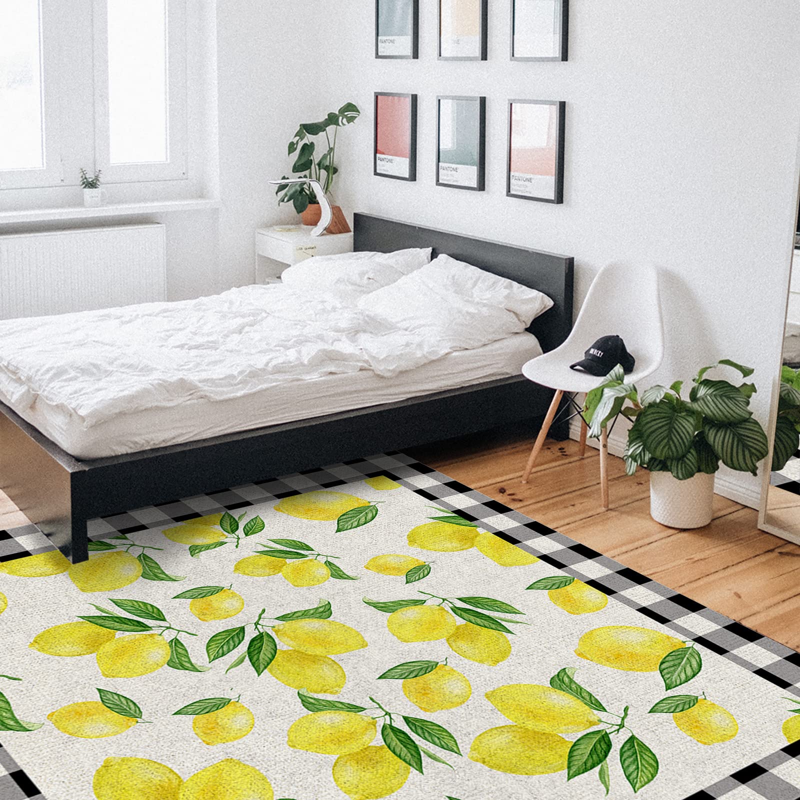 5'x8' Large Non-Slip Area Rug - Farmhouse Lemon Print Plaid Frame Carpet for Bedroom, Living Room, Kitchen, Kids Room | Summer Fruits Design with Burlap Backing | Perfect for Home Decor, Photo Backdrops and Cozy Floor Covering