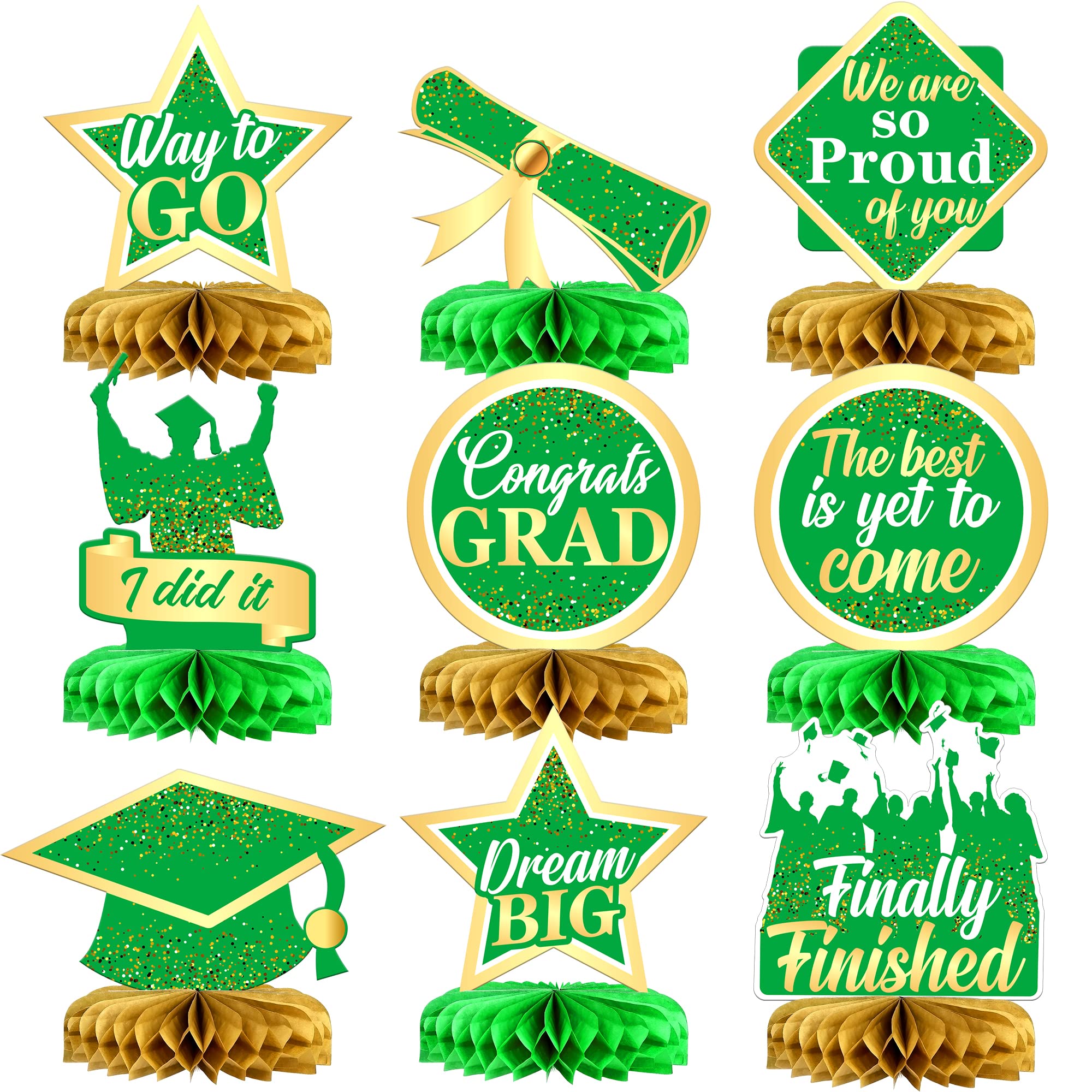 KatchOn Light Green & Gold Graduation Centerpieces for Tables 2025 - Pack of 9 Honeycomb Decorations | Congrats Grad Party Supplies | Perfect for Graduation Ceremonies, Banquets & Photo Backdrops