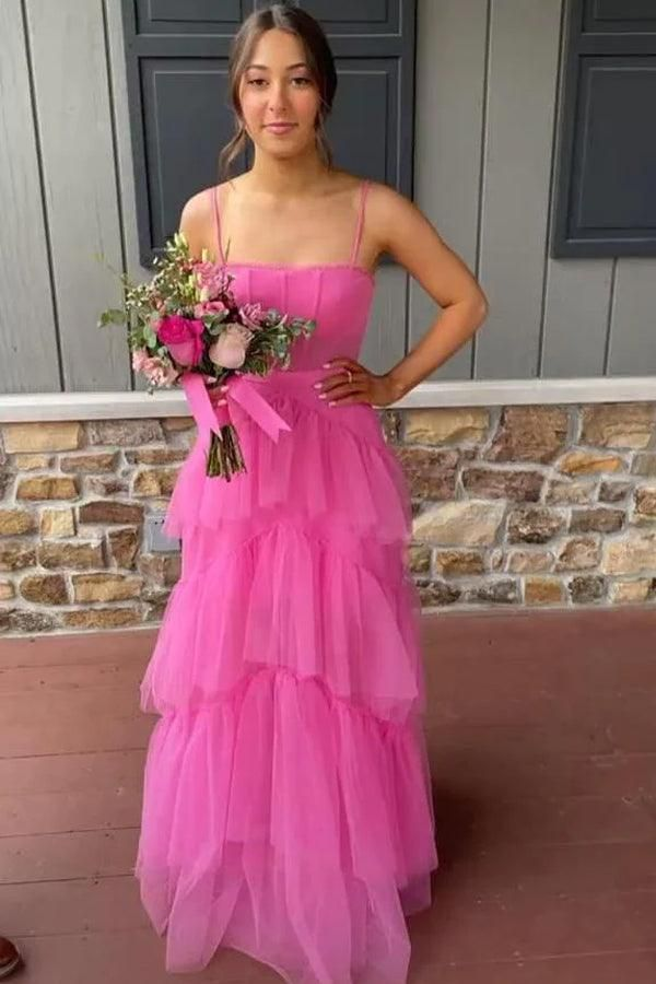 Elegant Hot Pink Straps Tiered A-Line Long Prom Dress J5082 - Perfect for Homecoming, Formal Dances & Special Occasions