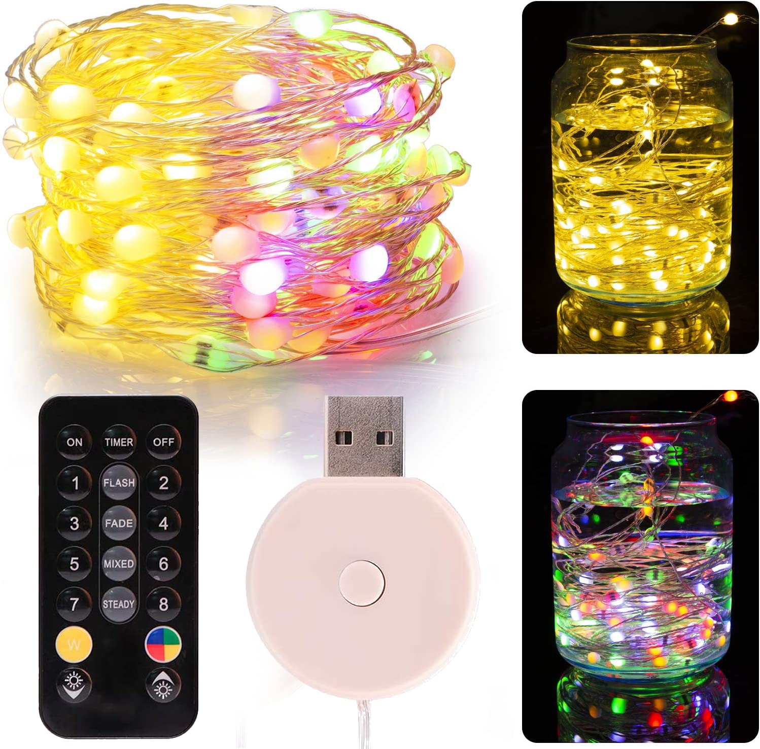 Tasodin 40ft Dual Color USB String Lights - 120 LED Twinkle Fairy Lights with Remote & 12 Modes, Warm White & Multicolor for Christmas, Holiday Decor, Bedroom, Indoor & Outdoor Use - Perfect for Party, Wedding, Garden and Home Decoration