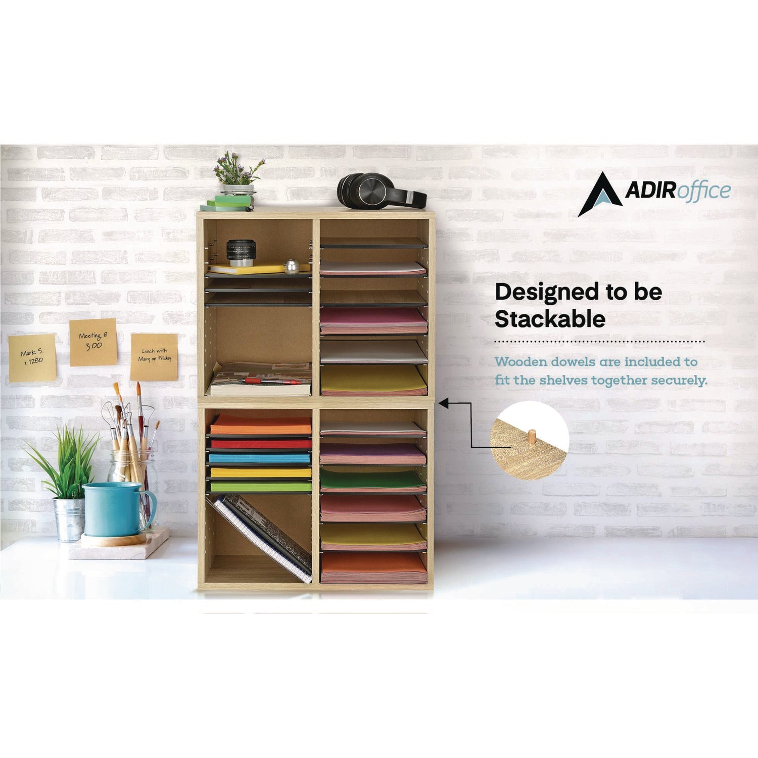 AdirOffice Wooden Adjustable 12-Section Letter Size Literature Organizer - Medium Oak (20
