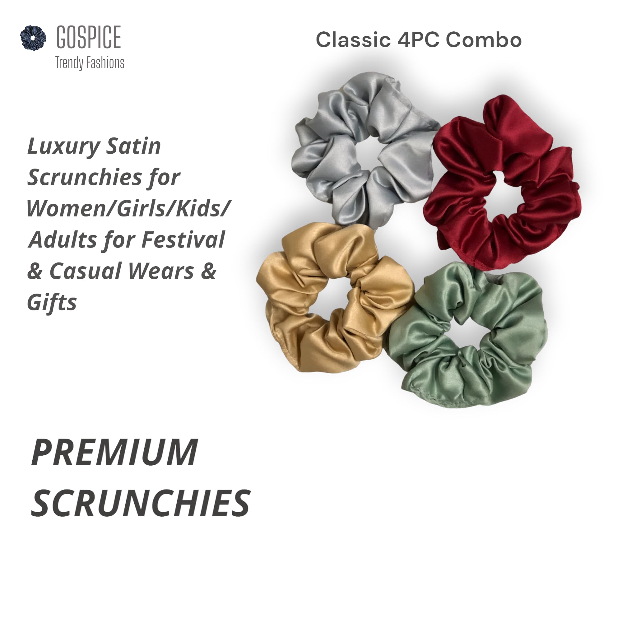 Luxury Satin Silk Scrunchies & Hair Bands for Women, Girls, Kids - Soft Elastic Hair Ties for Daily Use, Parties, Gifts in Silver, Beige, Dark Red, Pastel Green (4-Pack) - Perfect for School, Work, Weddings & Special Occasions