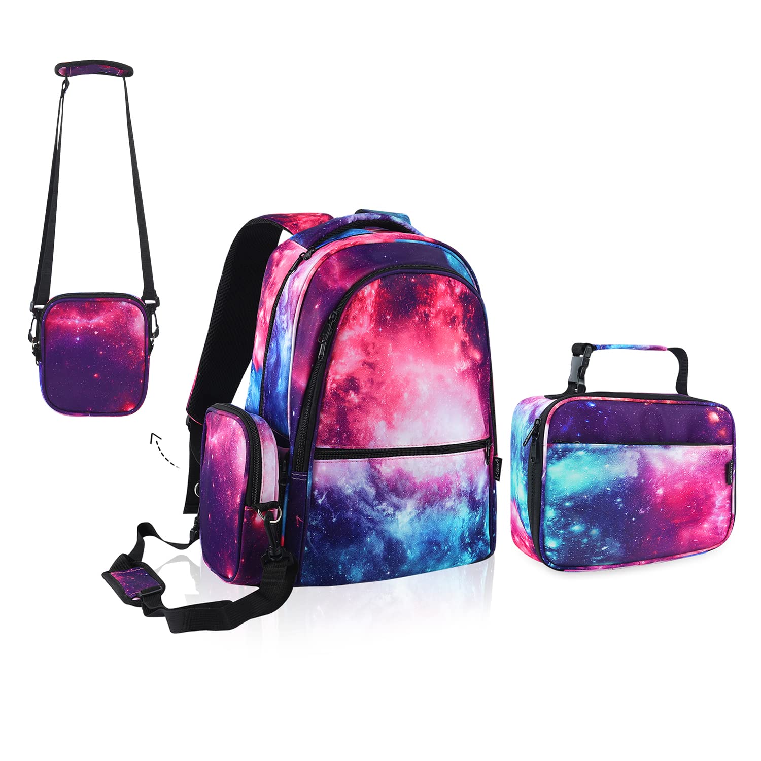 **E-Clover Galaxy Backpack for Girls & Kids - School Backpack with Lunch Box Set, Space Themed Purple Backpack for Elementary & Kindergarten - Perfect for School, Travel & Daily Use**